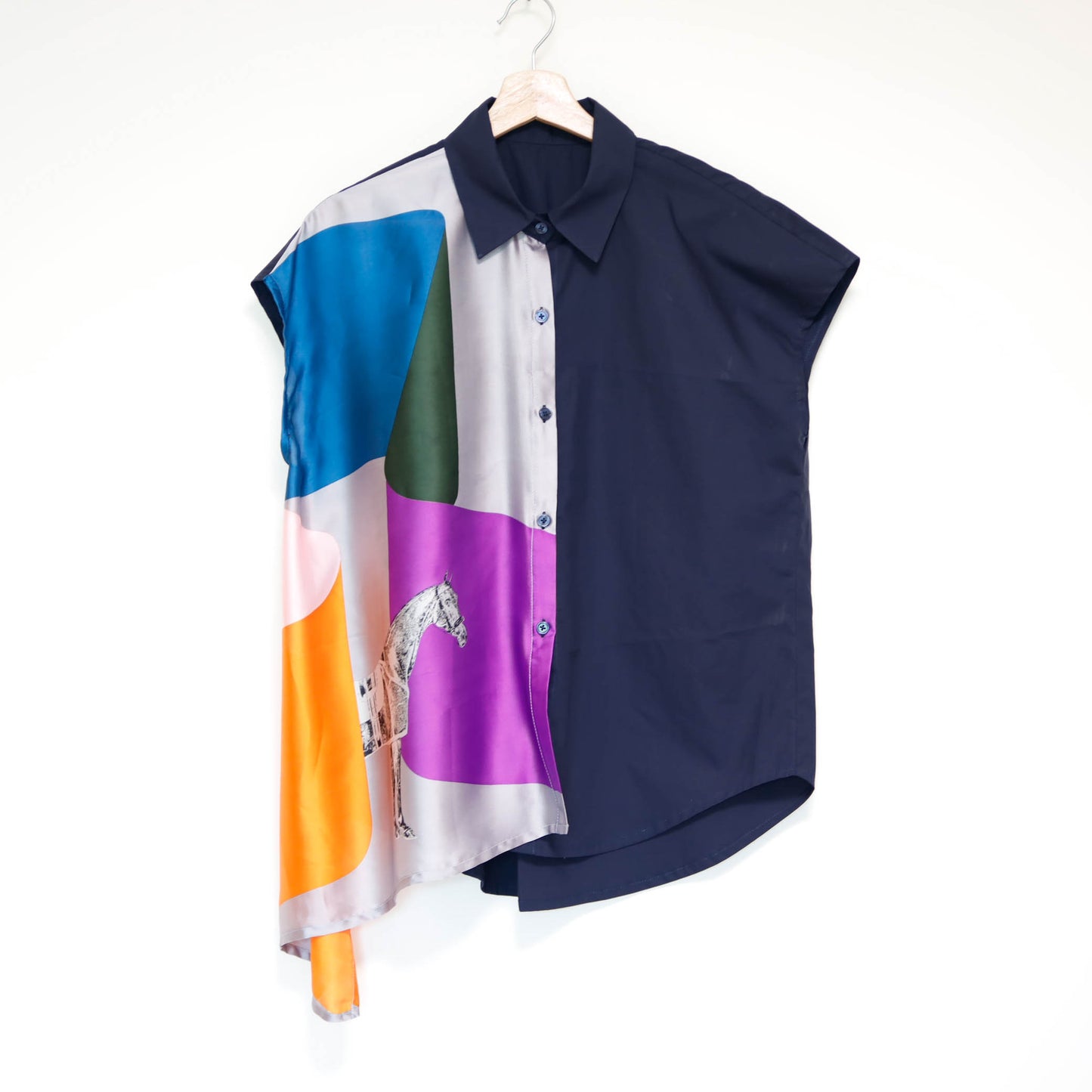 <T34-007>   One-of-a-Kind Asymmetric Sleeveless Blouse | Equestrian Scarf Panel | Silky Sheen, Slimming Fit