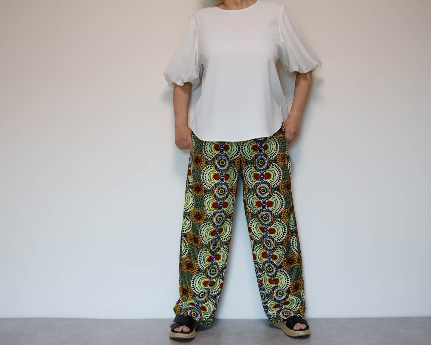 <P23J-001>  AFRICAN PRINT Barrel Pants  Playful Curves & Unique Silhouette in a Relaxed M-L Size
