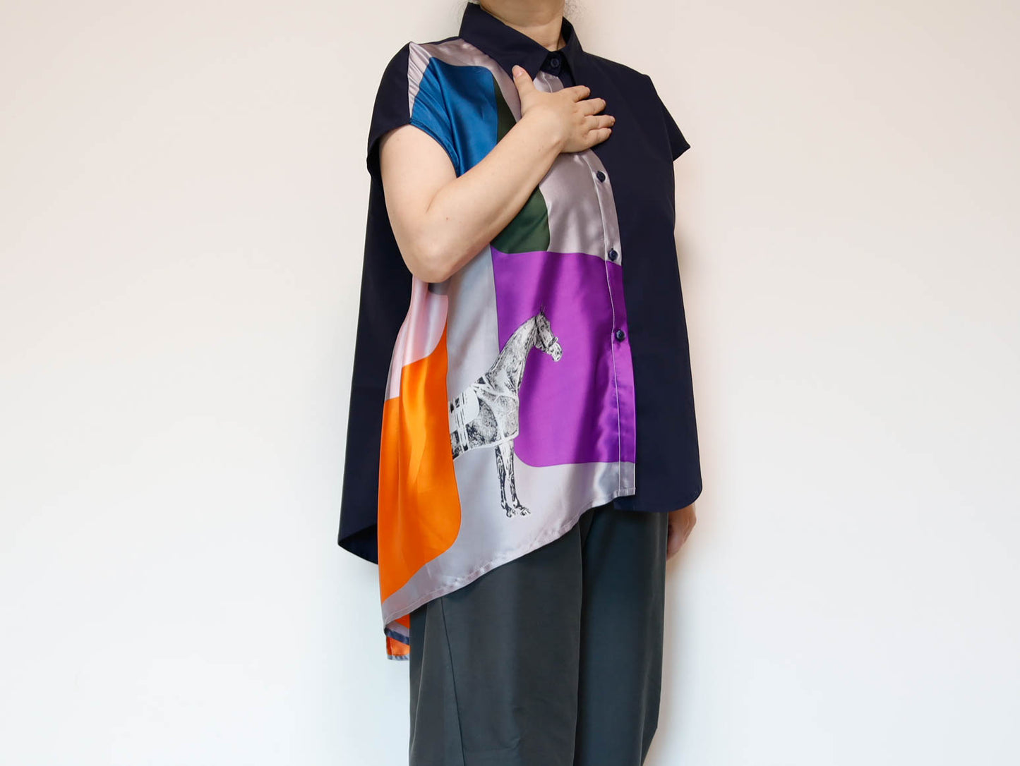 <T34-007>   One-of-a-Kind Asymmetric Sleeveless Blouse | Equestrian Scarf Panel | Silky Sheen, Slimming Fit