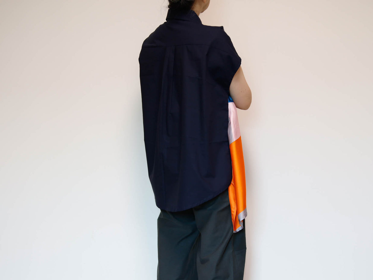 <T34-007>   One-of-a-Kind Asymmetric Sleeveless Blouse | Equestrian Scarf Panel | Silky Sheen, Slimming Fit