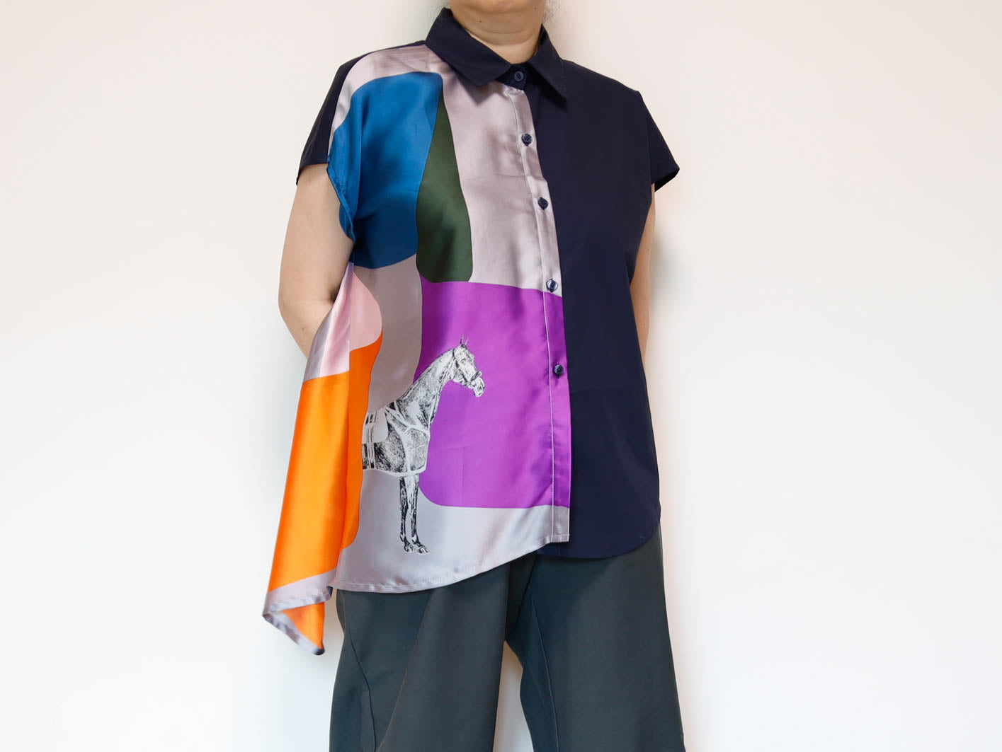 <T34-007>   One-of-a-Kind Asymmetric Sleeveless Blouse | Equestrian Scarf Panel | Silky Sheen, Slimming Fit