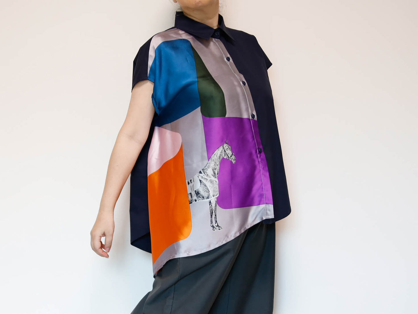 <T34-007>   One-of-a-Kind Asymmetric Sleeveless Blouse | Equestrian Scarf Panel | Silky Sheen, Slimming Fit