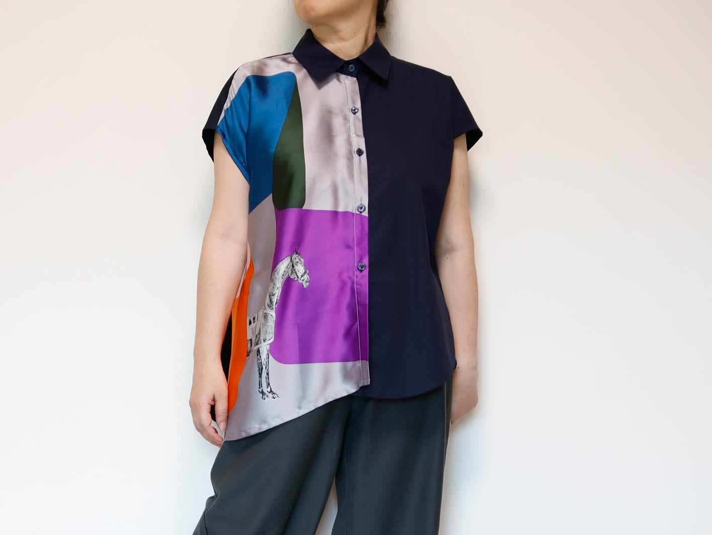 <T34-007>   One-of-a-Kind Asymmetric Sleeveless Blouse | Equestrian Scarf Panel | Silky Sheen, Slimming Fit