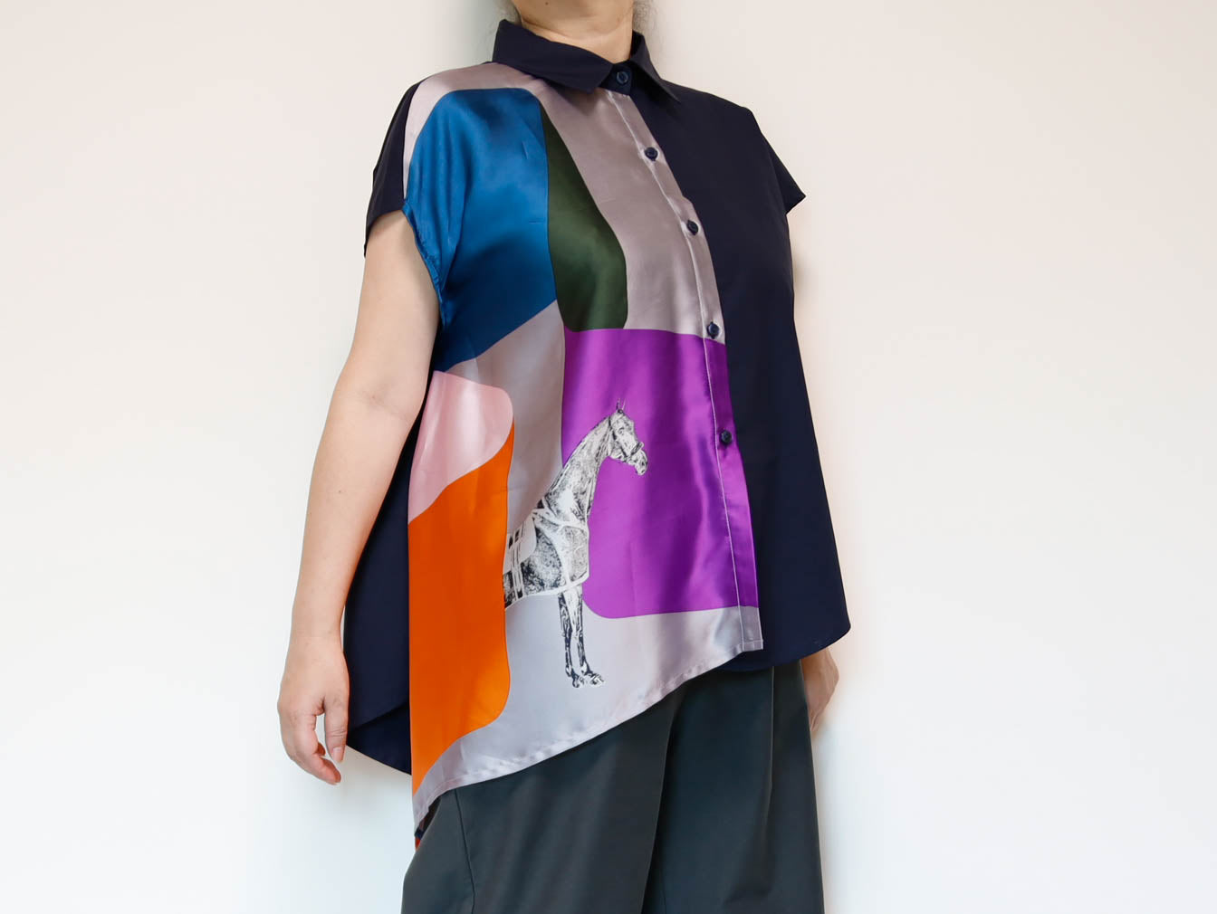 <T34-007>   One-of-a-Kind Asymmetric Sleeveless Blouse | Equestrian Scarf Panel | Silky Sheen, Slimming Fit