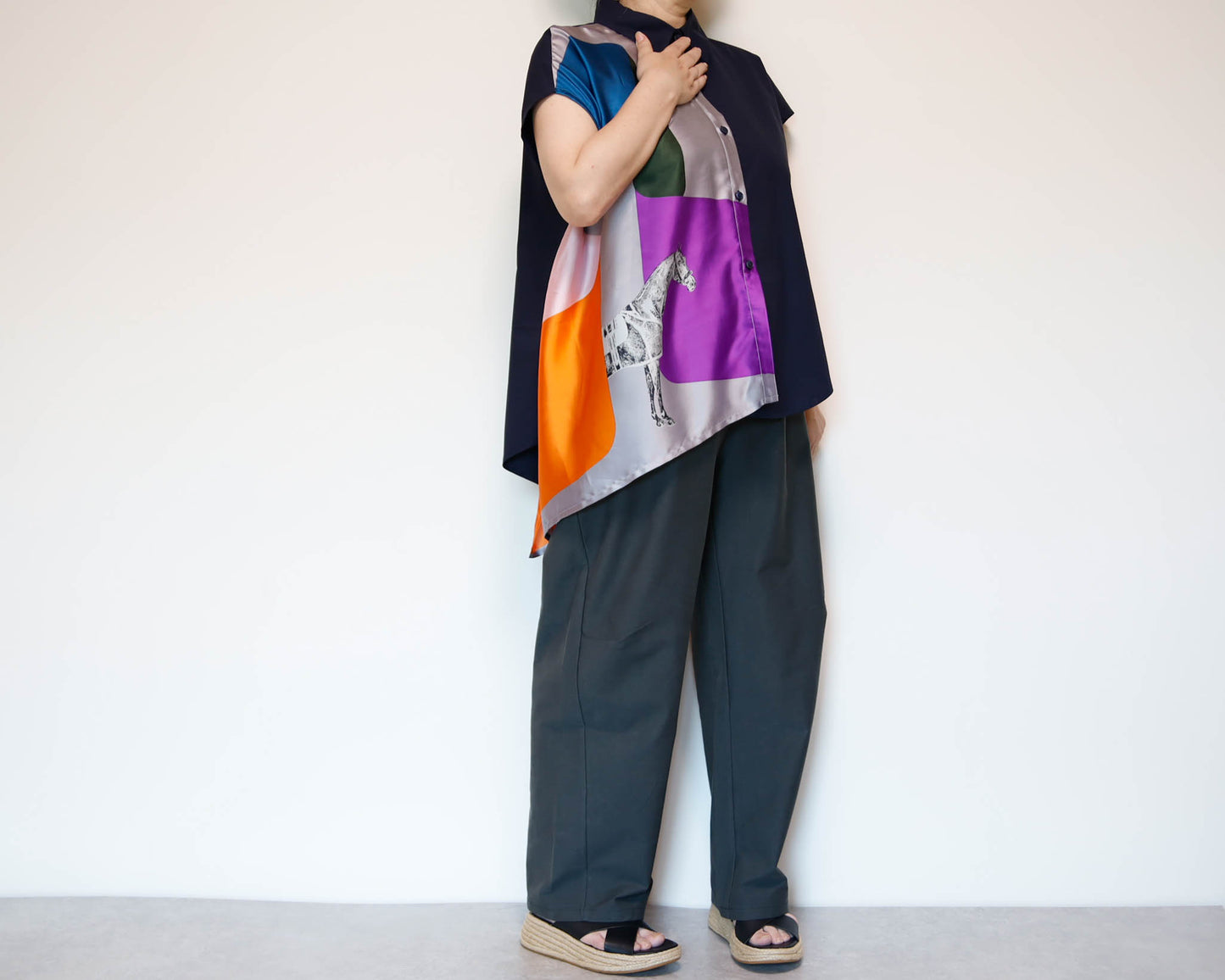 <T34-007>   One-of-a-Kind Asymmetric Sleeveless Blouse | Equestrian Scarf Panel | Silky Sheen, Slimming Fit