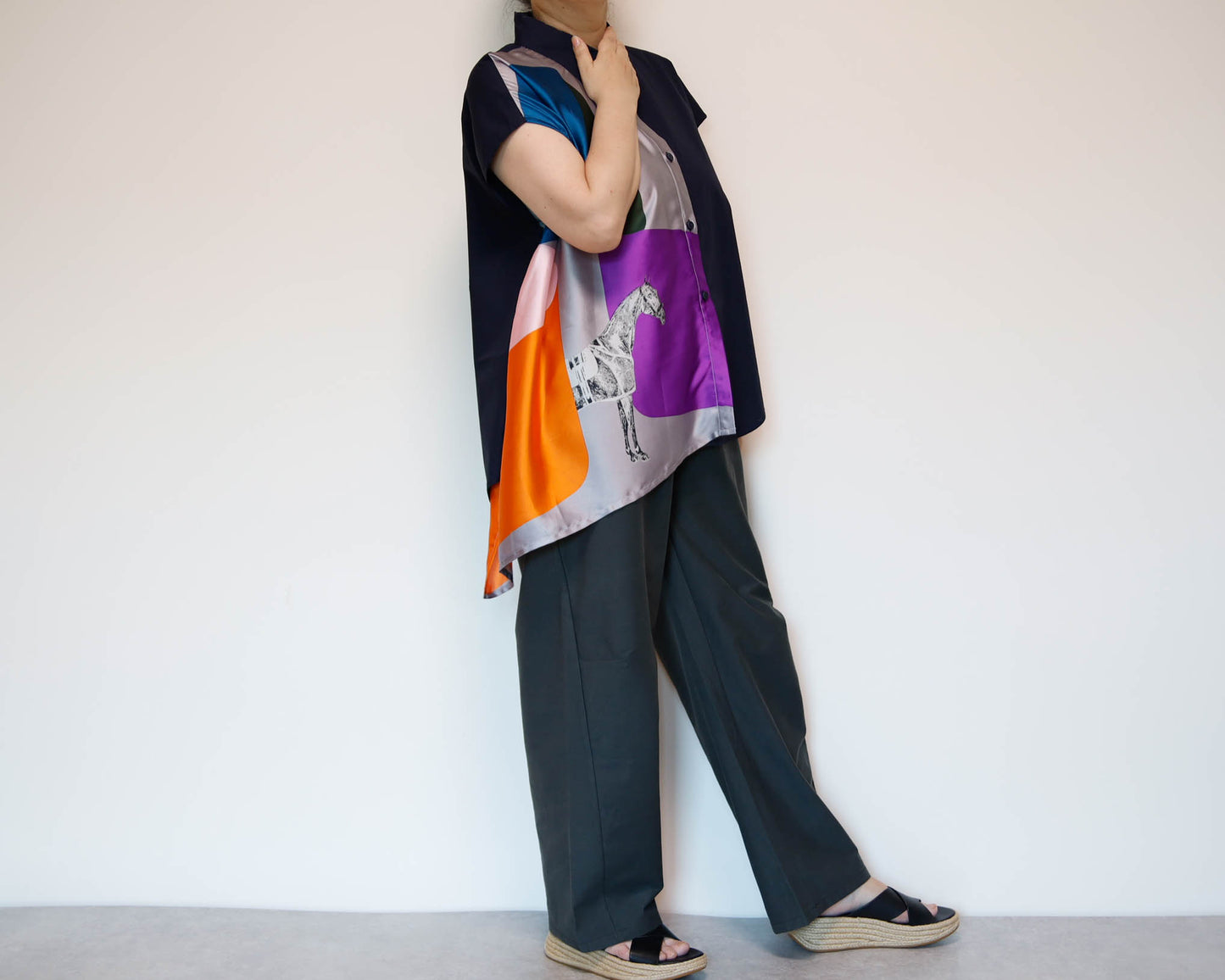 <T34-007>   One-of-a-Kind Asymmetric Sleeveless Blouse | Equestrian Scarf Panel | Silky Sheen, Slimming Fit