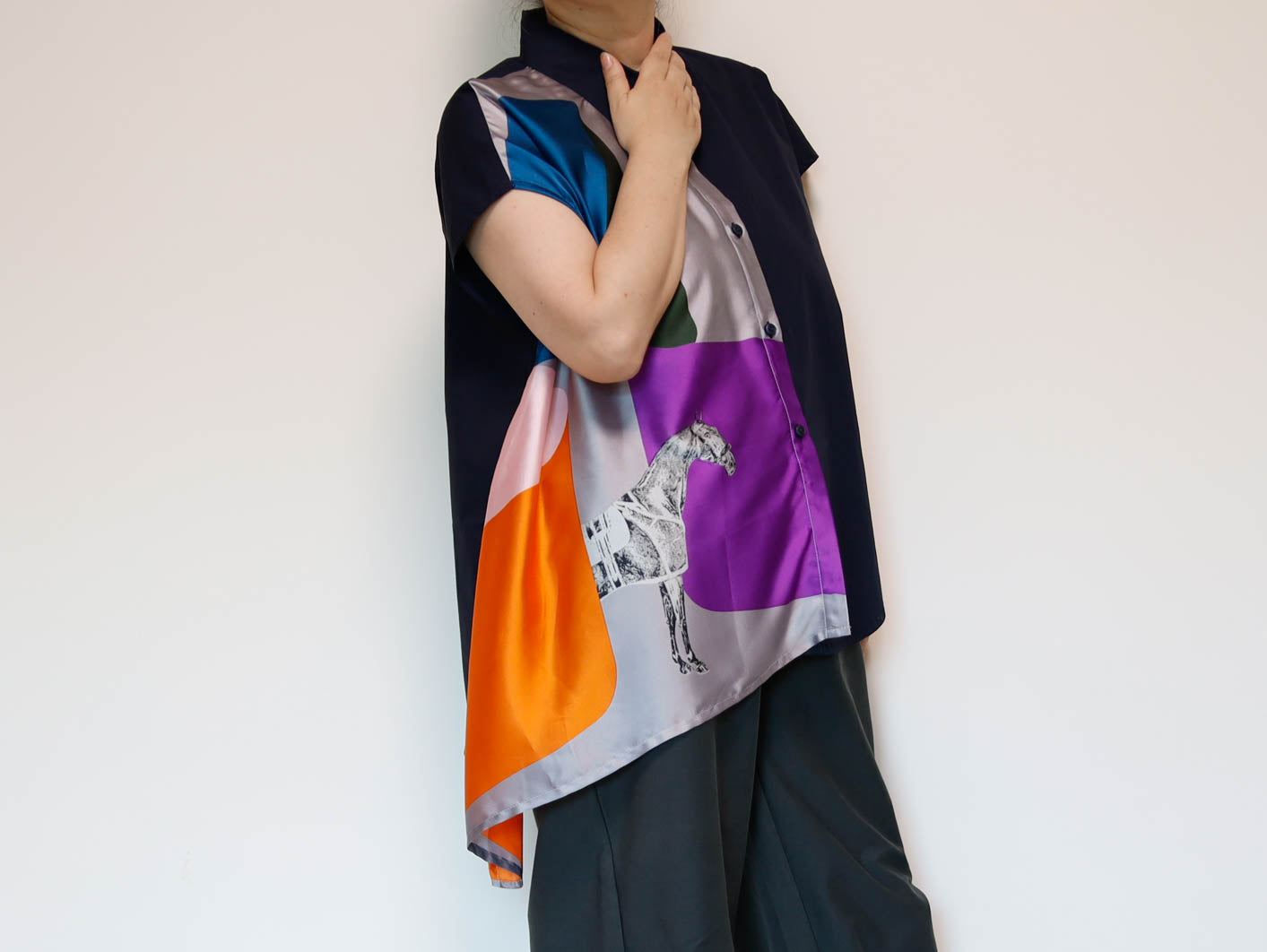 <T34-007>   One-of-a-Kind Asymmetric Sleeveless Blouse | Equestrian Scarf Panel | Silky Sheen, Slimming Fit