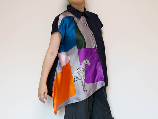 <T34-007>   One-of-a-Kind Asymmetric Sleeveless Blouse | Equestrian Scarf Panel | Silky Sheen, Slimming Fit