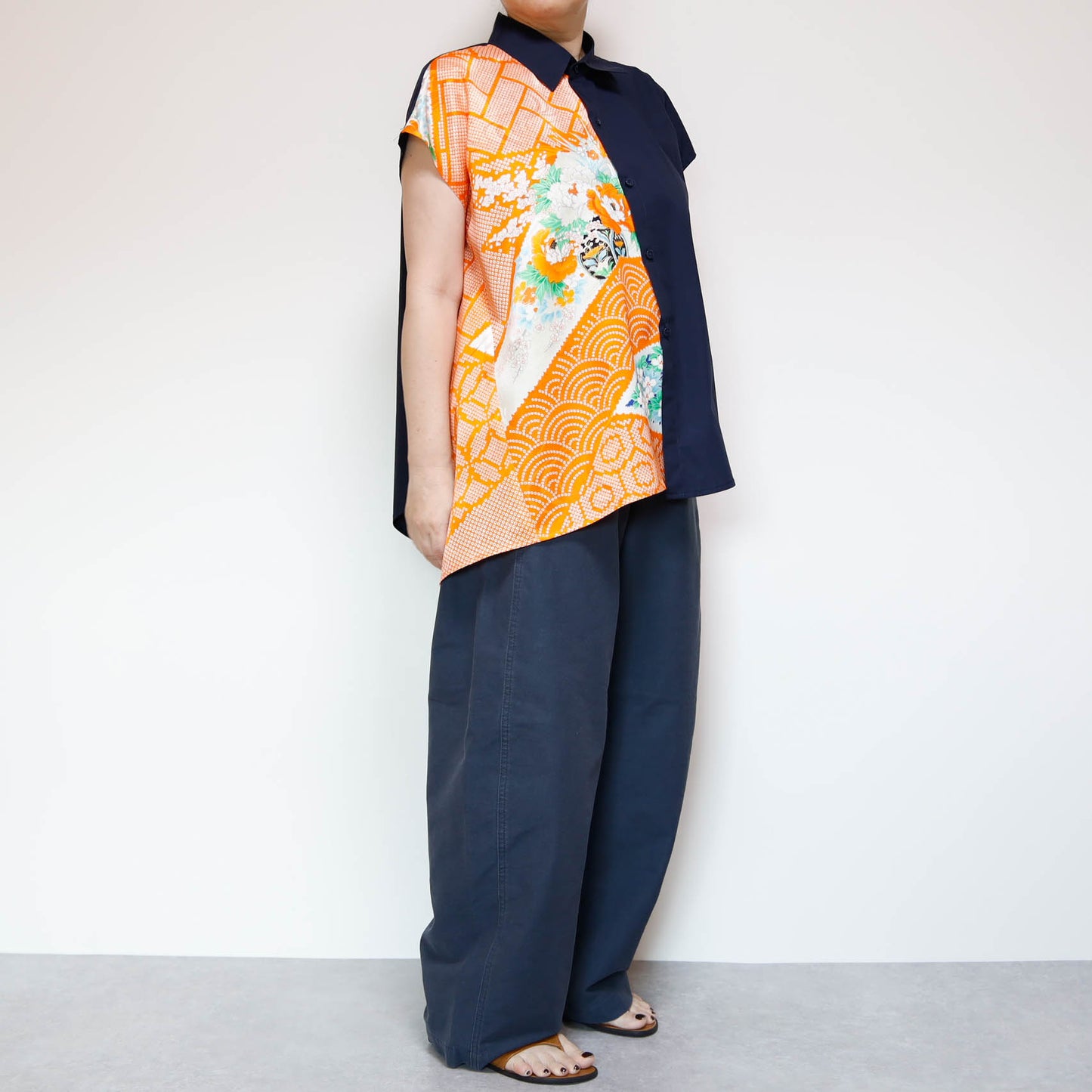 <T34K-001>  One-of-a-Kind Asymmetric Sleeveless Blouse | Kimono Silk Panel | 100% Cotton Body