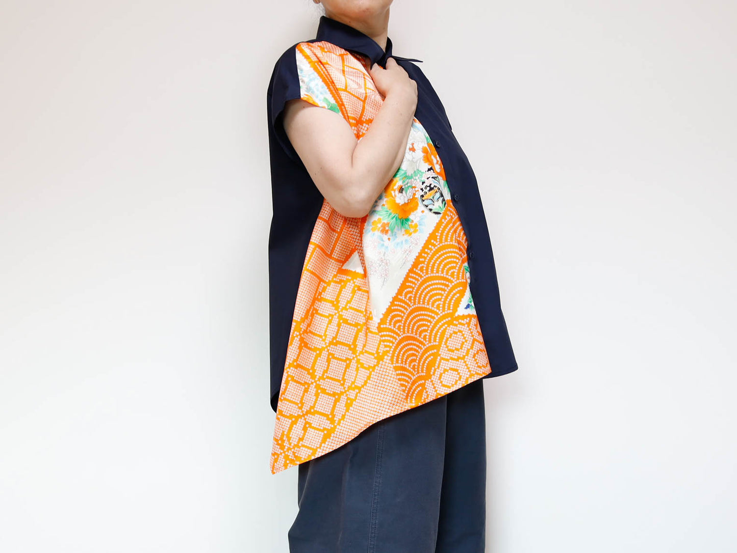 <T34K-001>  One-of-a-Kind Asymmetric Sleeveless Blouse | Kimono Silk Panel | 100% Cotton Body