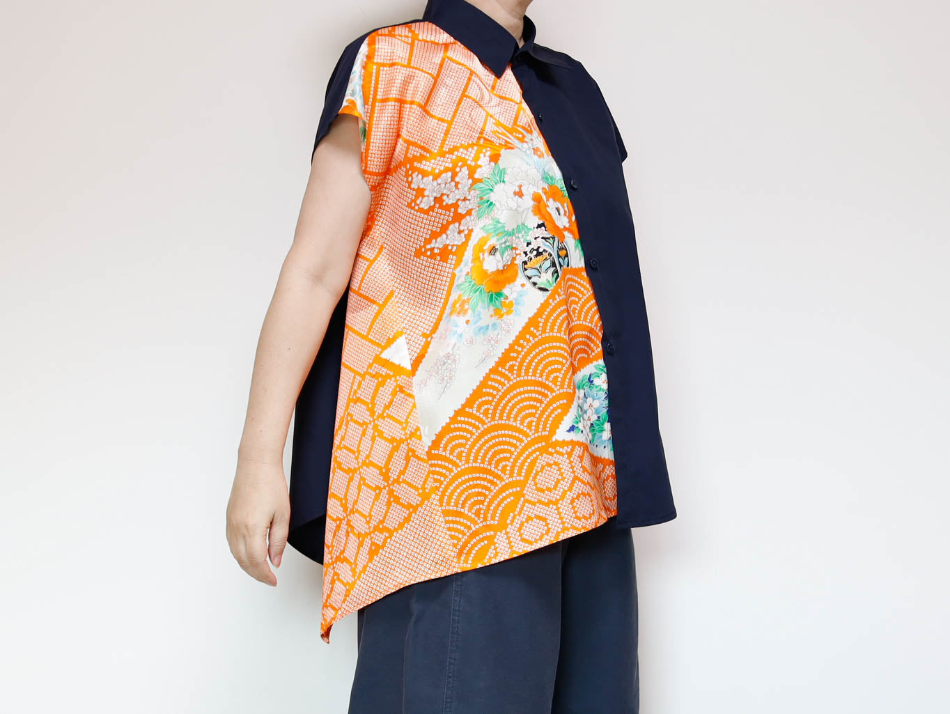 <T34K-001>  One-of-a-Kind Asymmetric Sleeveless Blouse | Kimono Silk Panel | 100% Cotton Body