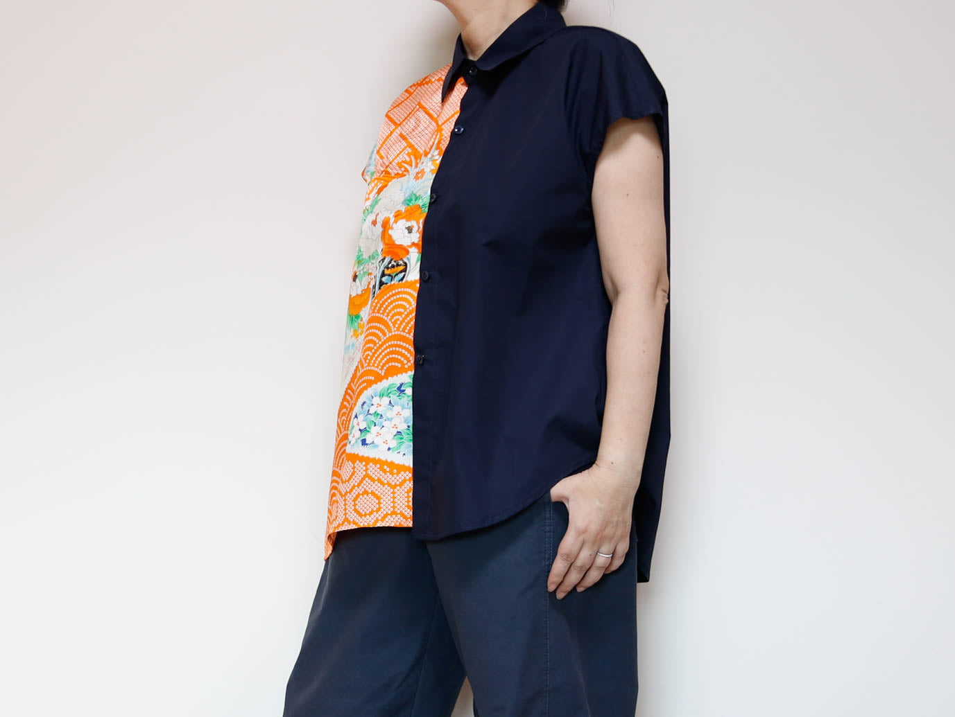 <T34K-001>  One-of-a-Kind Asymmetric Sleeveless Blouse | Kimono Silk Panel | 100% Cotton Body
