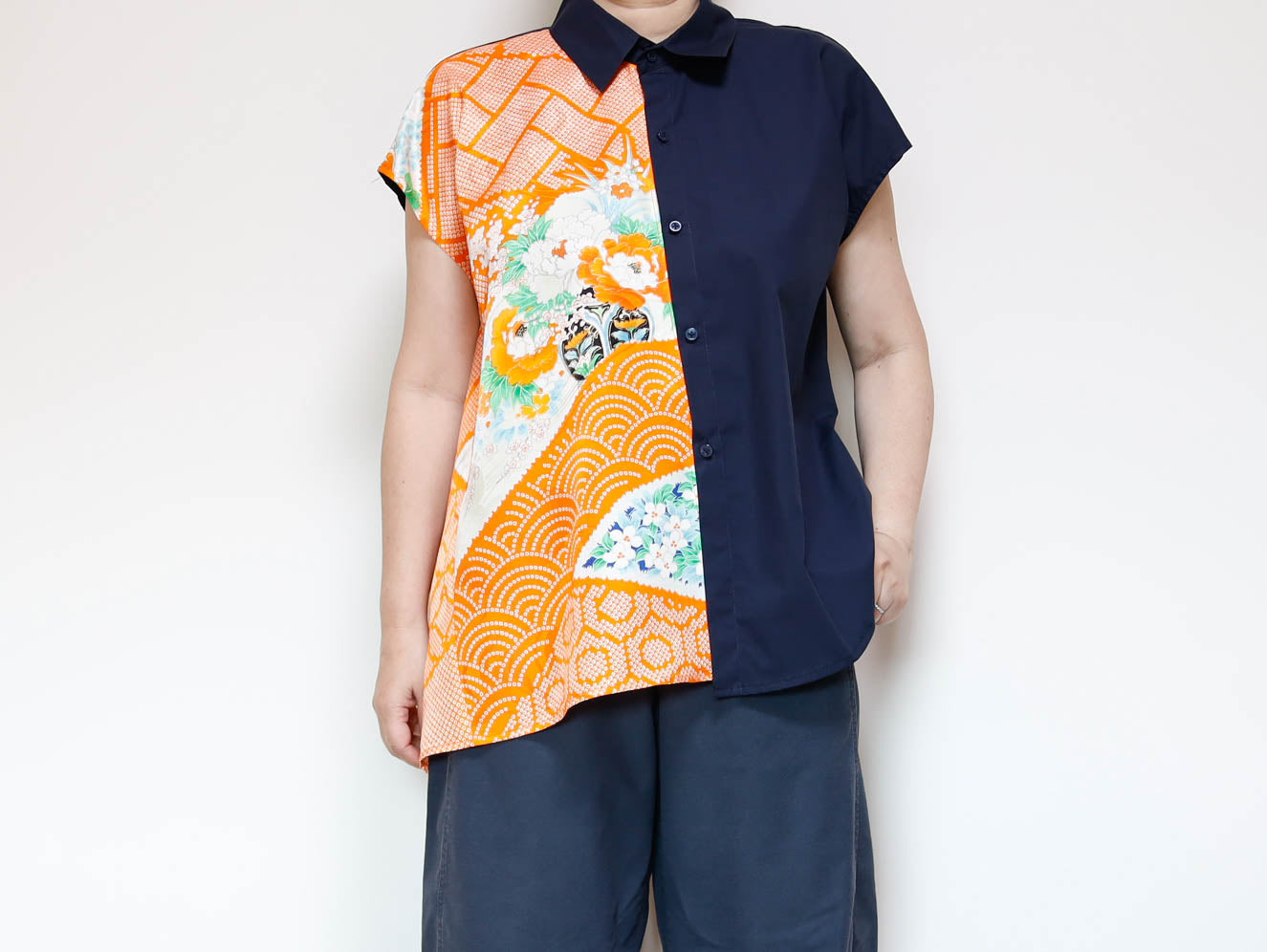 <T34K-001>  One-of-a-Kind Asymmetric Sleeveless Blouse | Kimono Silk Panel | 100% Cotton Body