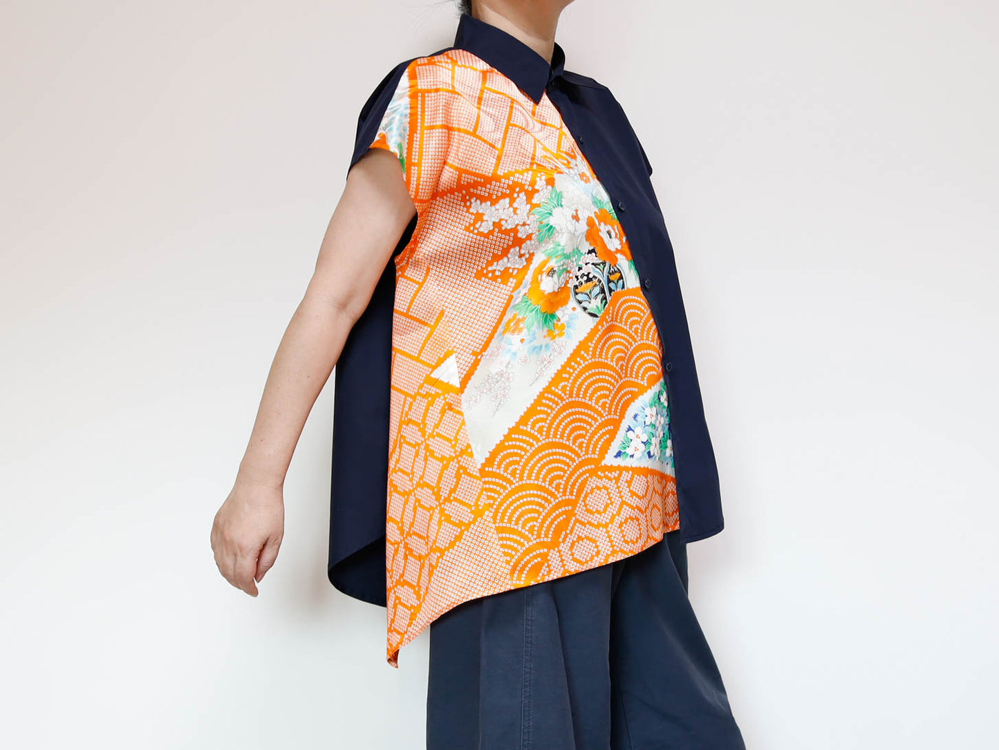 <T34K-001>  One-of-a-Kind Asymmetric Sleeveless Blouse | Kimono Silk Panel | 100% Cotton Body