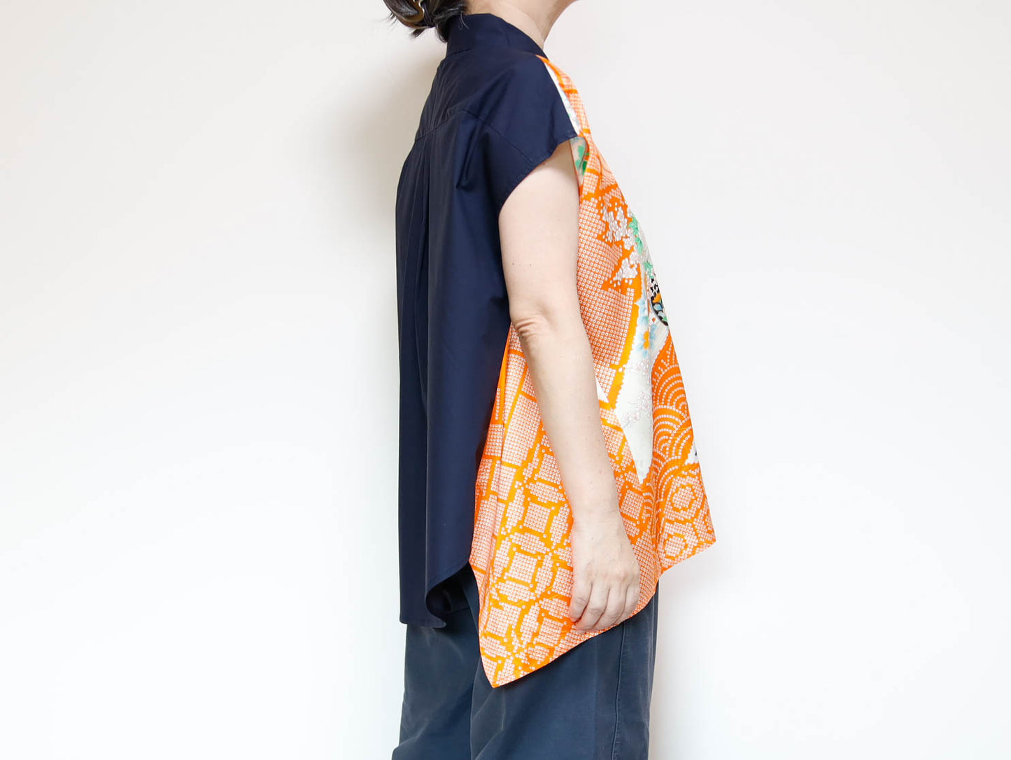 <T34K-001>  One-of-a-Kind Asymmetric Sleeveless Blouse | Kimono Silk Panel | 100% Cotton Body