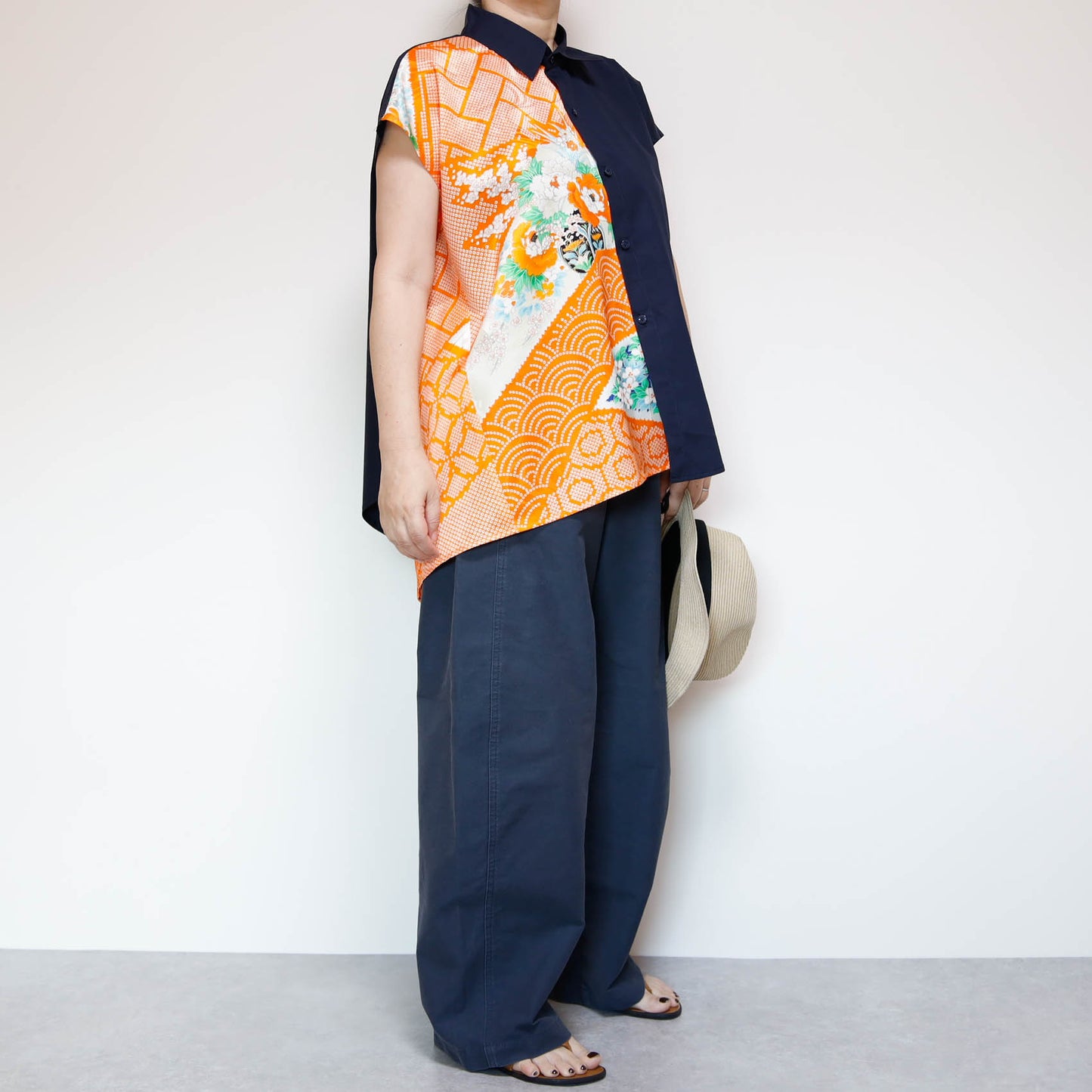 <T34K-001>  One-of-a-Kind Asymmetric Sleeveless Blouse | Kimono Silk Panel | 100% Cotton Body
