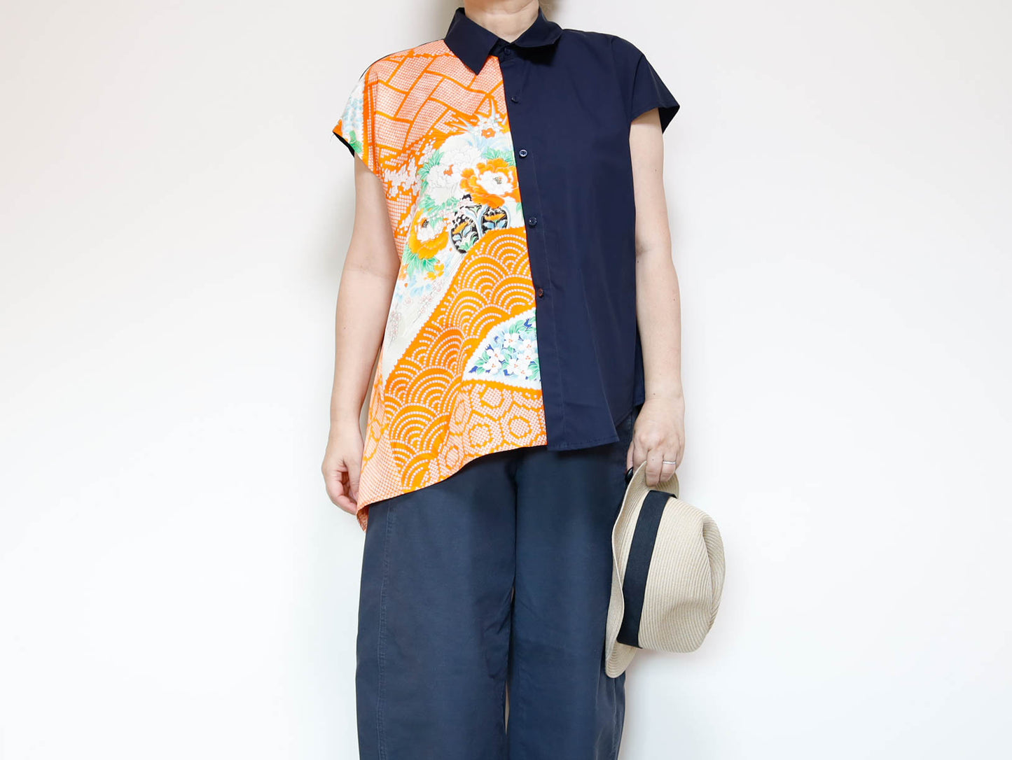 <T34K-001>  One-of-a-Kind Asymmetric Sleeveless Blouse | Kimono Silk Panel | 100% Cotton Body