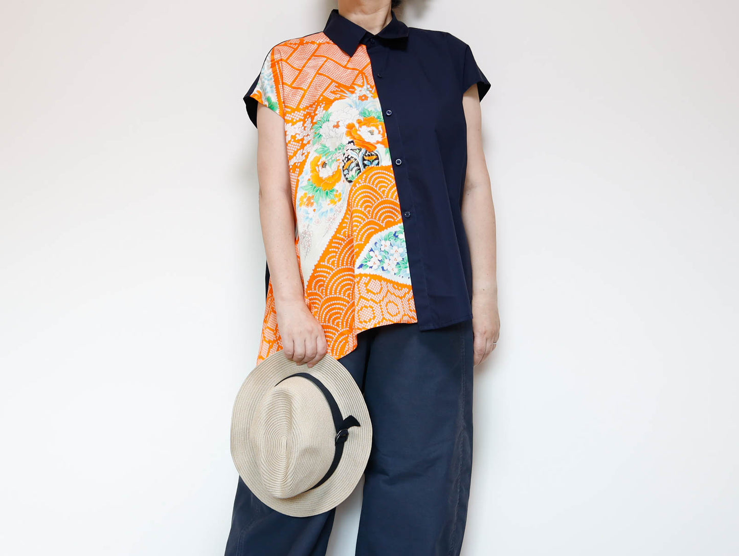 <T34K-001>  One-of-a-Kind Asymmetric Sleeveless Blouse | Kimono Silk Panel | 100% Cotton Body