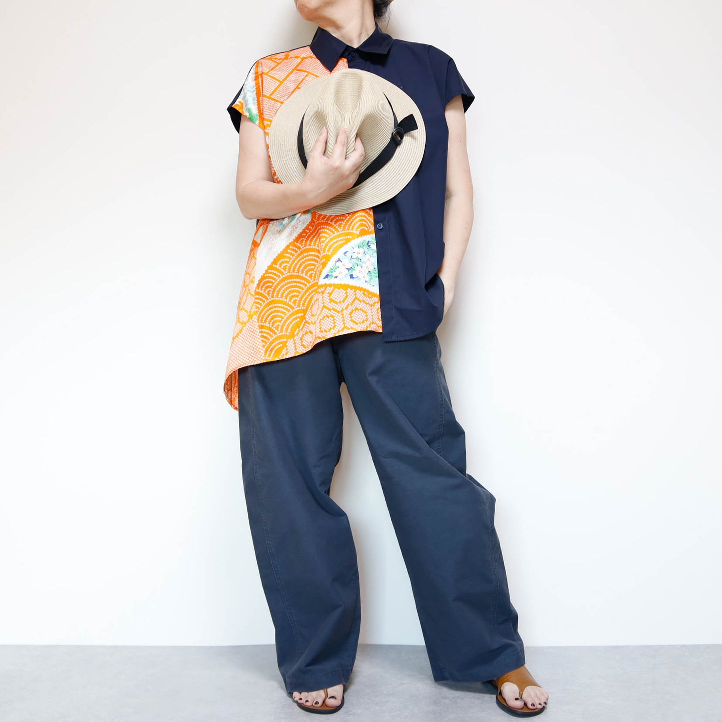 <T34K-001>  One-of-a-Kind Asymmetric Sleeveless Blouse | Kimono Silk Panel | 100% Cotton Body