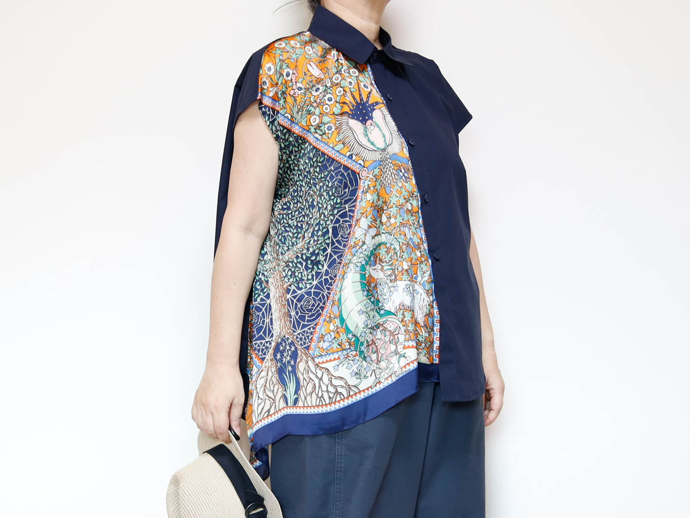 <T34-009> One-of-a-Kind Asymmetric Sleeveless Blouse | Scarf Panel | 100% Cotton Body
