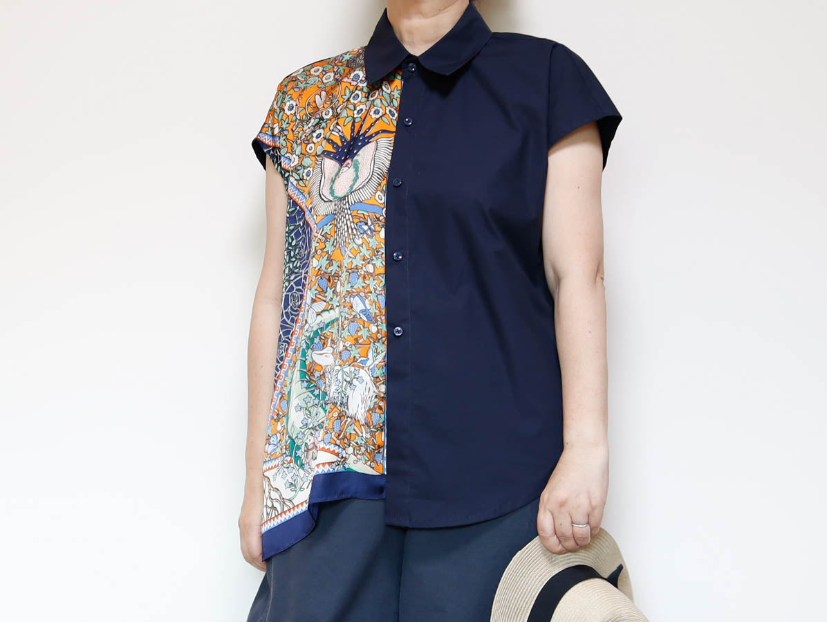 <T34-009> One-of-a-Kind Asymmetric Sleeveless Blouse | Scarf Panel | 100% Cotton Body