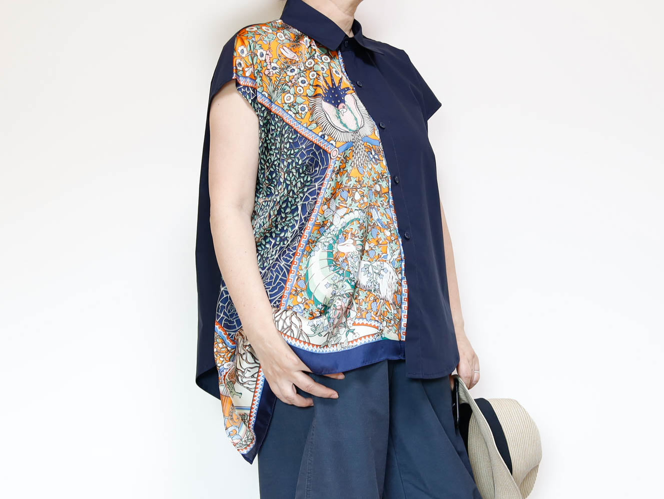 <T34-009> One-of-a-Kind Asymmetric Sleeveless Blouse | Scarf Panel | 100% Cotton Body
