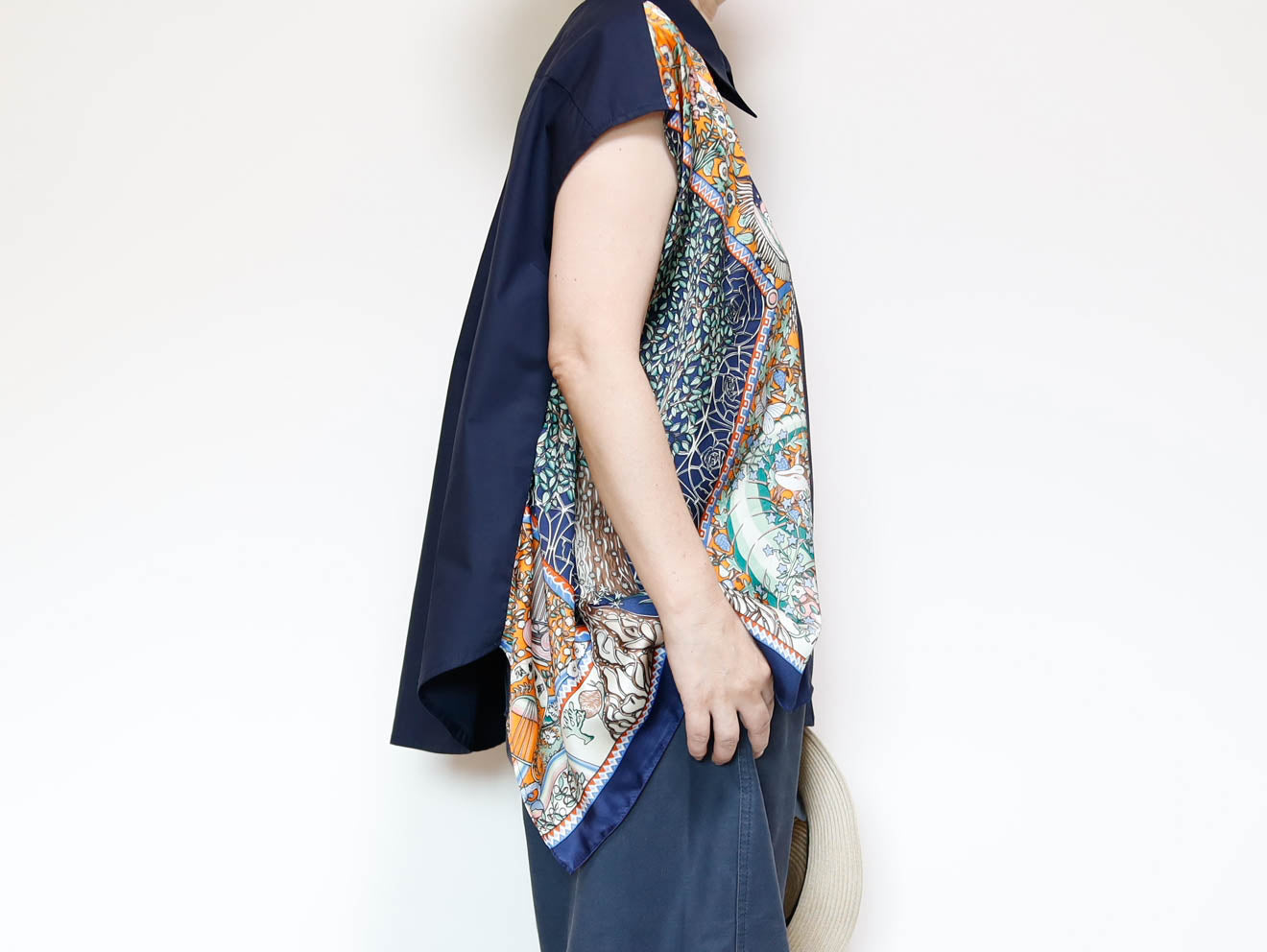 <T34-009> One-of-a-Kind Asymmetric Sleeveless Blouse | Scarf Panel | 100% Cotton Body
