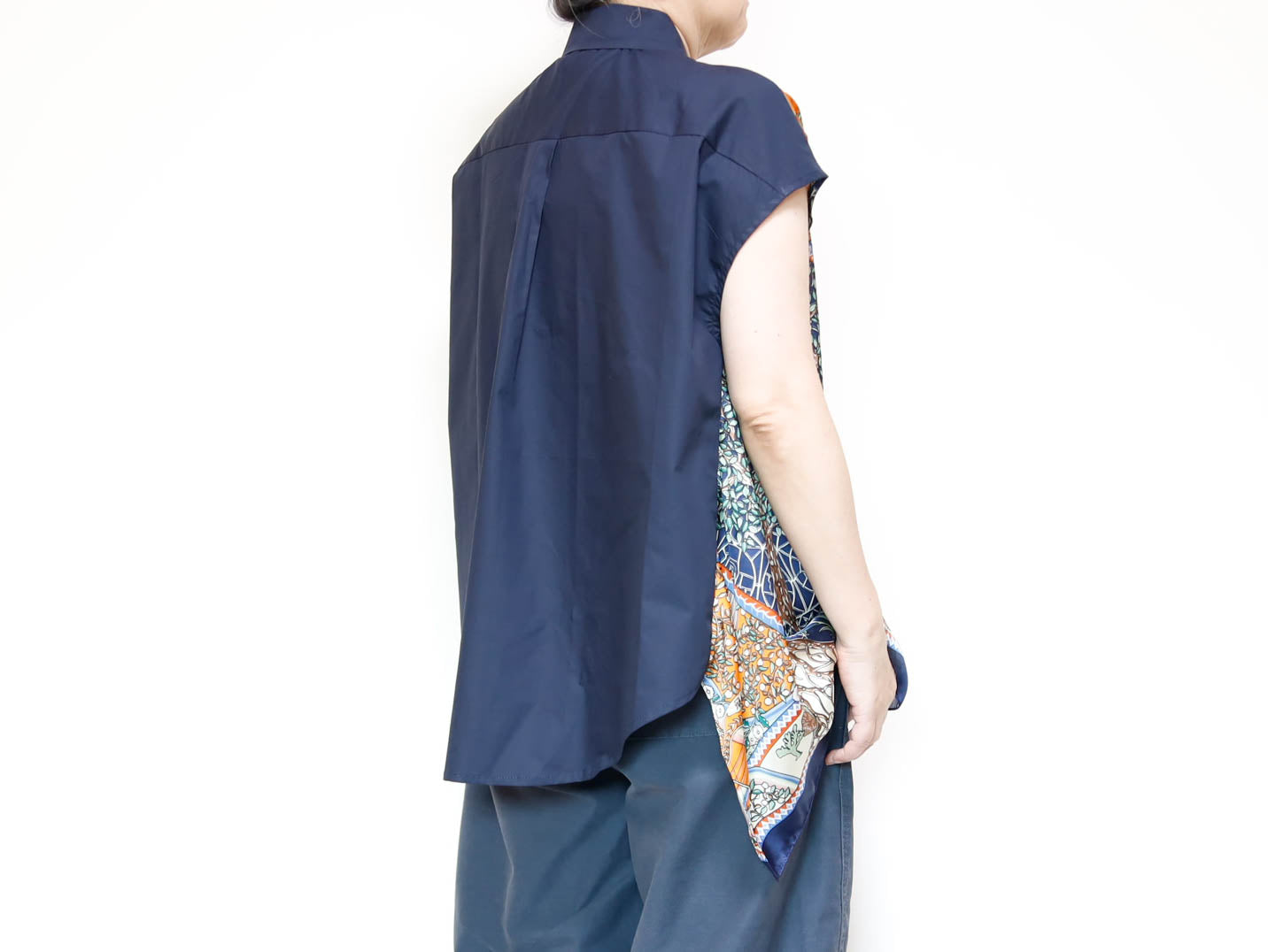 <T34-009> One-of-a-Kind Asymmetric Sleeveless Blouse | Scarf Panel | 100% Cotton Body