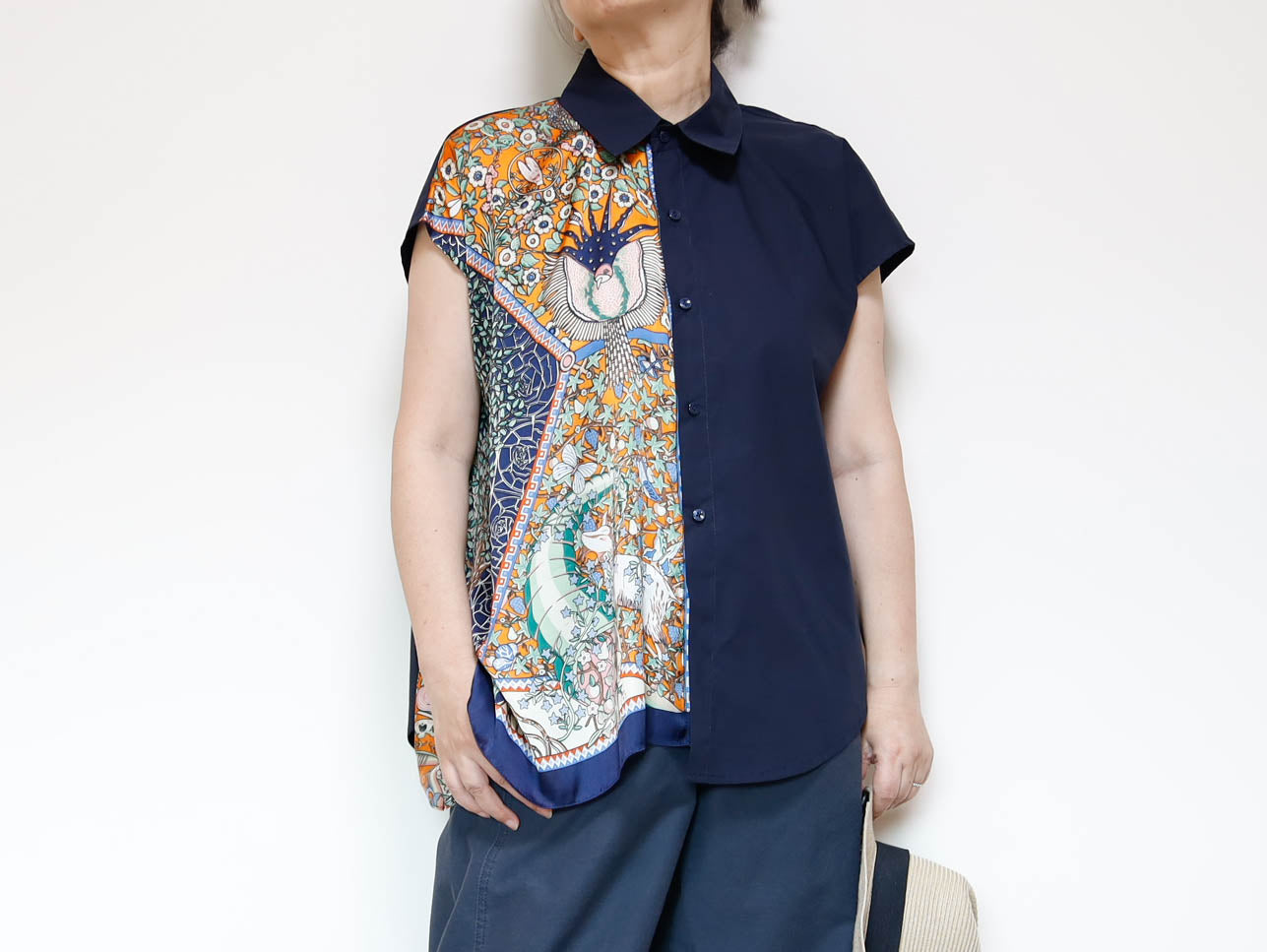 <T34-009> One-of-a-Kind Asymmetric Sleeveless Blouse | Scarf Panel | 100% Cotton Body