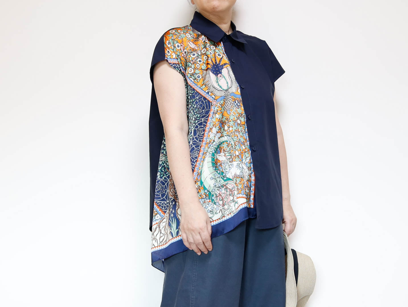 <T34-009> One-of-a-Kind Asymmetric Sleeveless Blouse | Scarf Panel | 100% Cotton Body