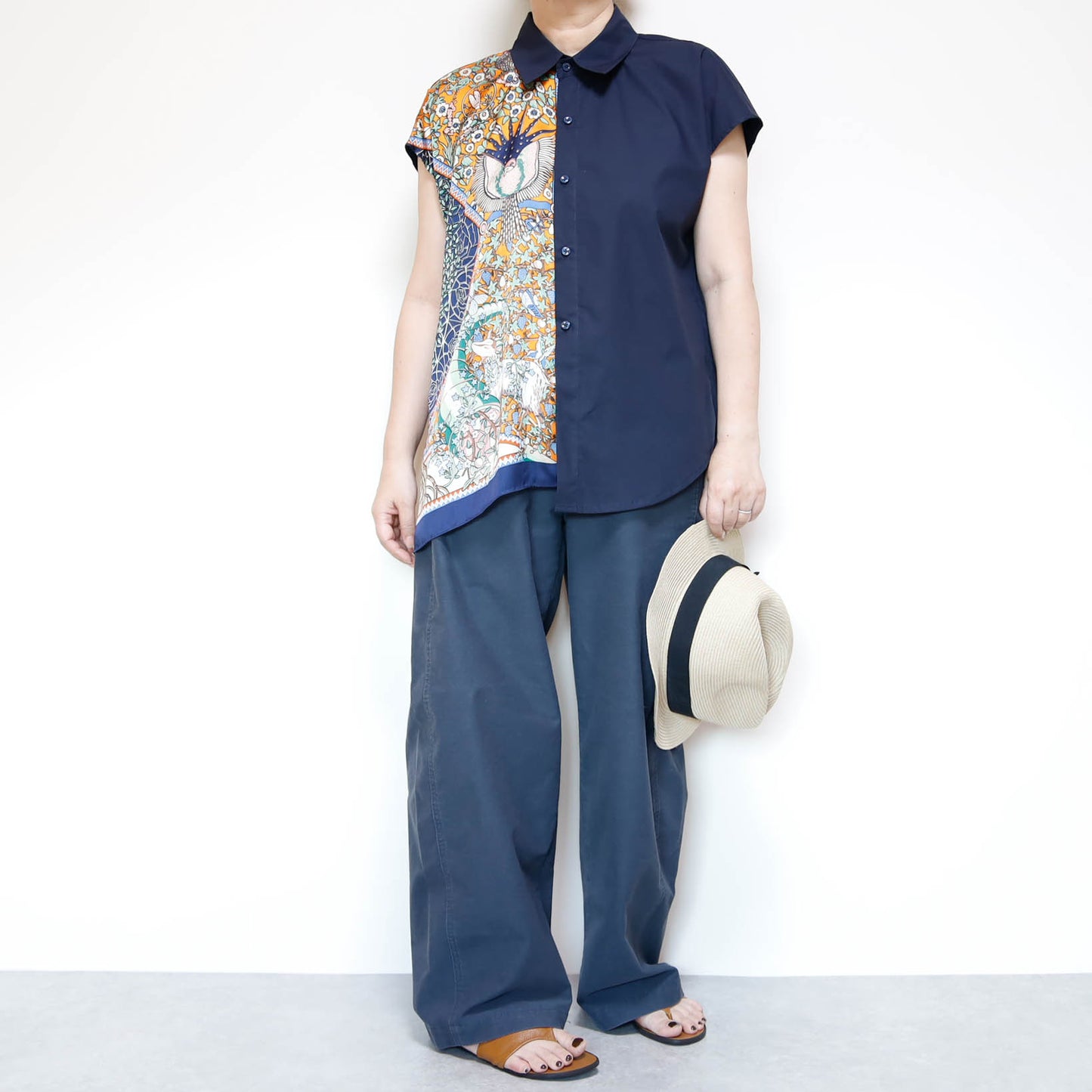 <T34-009> One-of-a-Kind Asymmetric Sleeveless Blouse | Scarf Panel | 100% Cotton Body