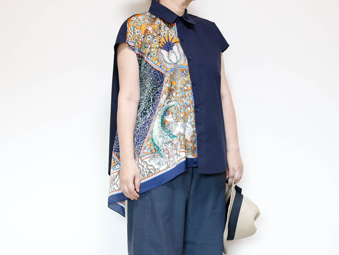 <T34-009> One-of-a-Kind Asymmetric Sleeveless Blouse | Scarf Panel | 100% Cotton Body
