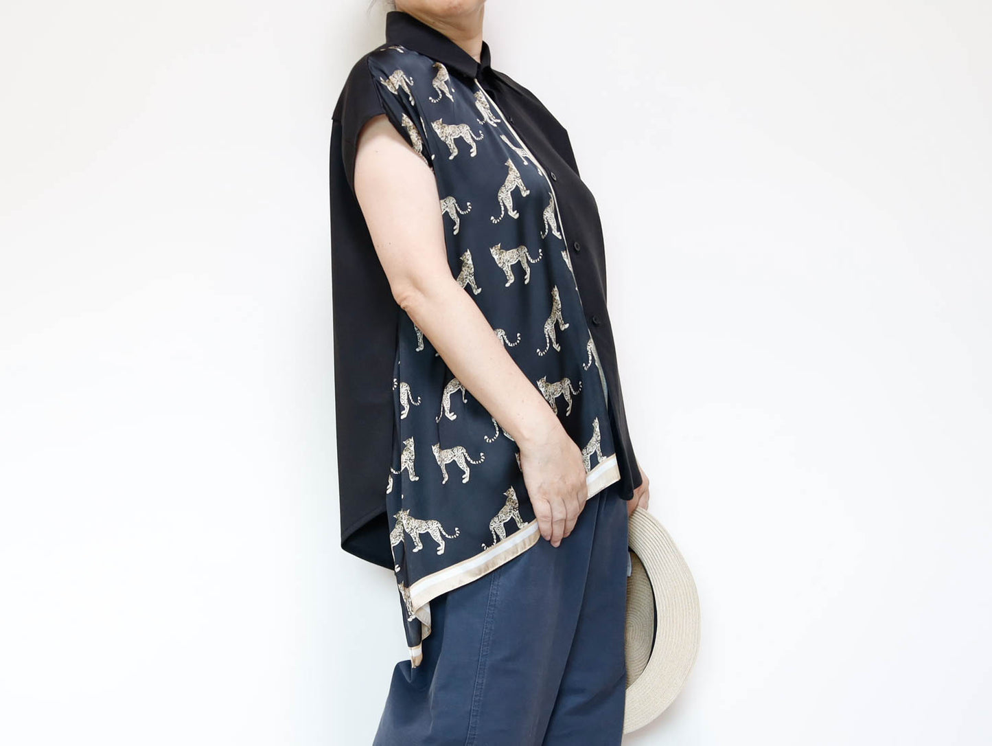 <T34-010>   One-of-a-Kind Asymmetric Sleeveless Blouse | Equestrian Scarf Panel | Silky Sheen, Slimming Fit