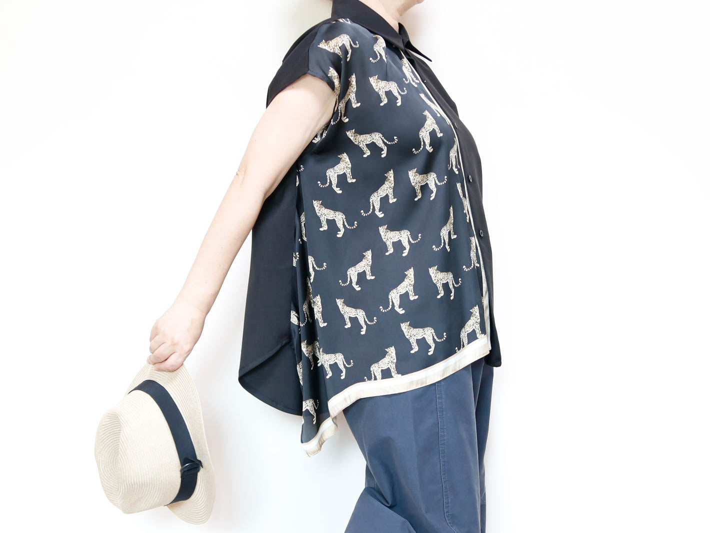 <T34-010>   One-of-a-Kind Asymmetric Sleeveless Blouse | Equestrian Scarf Panel | Silky Sheen, Slimming Fit