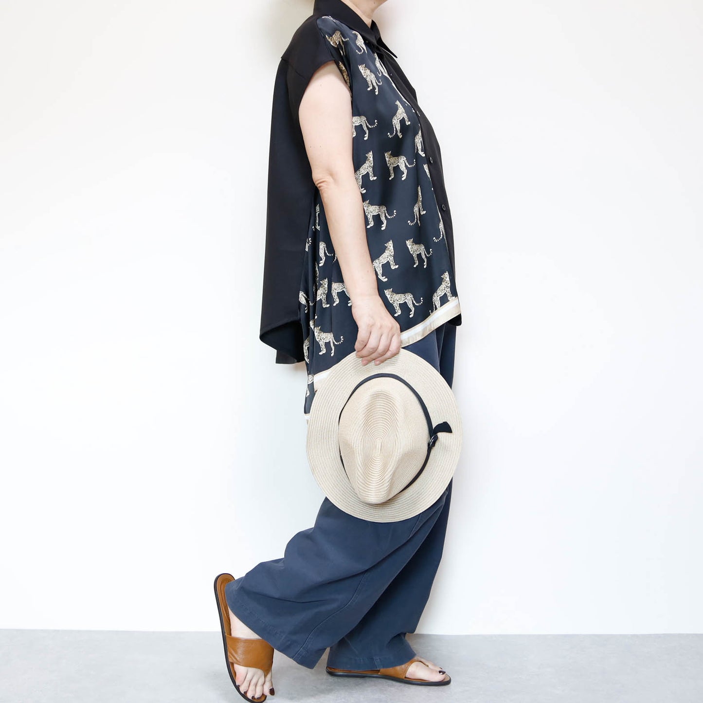 <T34-010>   One-of-a-Kind Asymmetric Sleeveless Blouse | Equestrian Scarf Panel | Silky Sheen, Slimming Fit