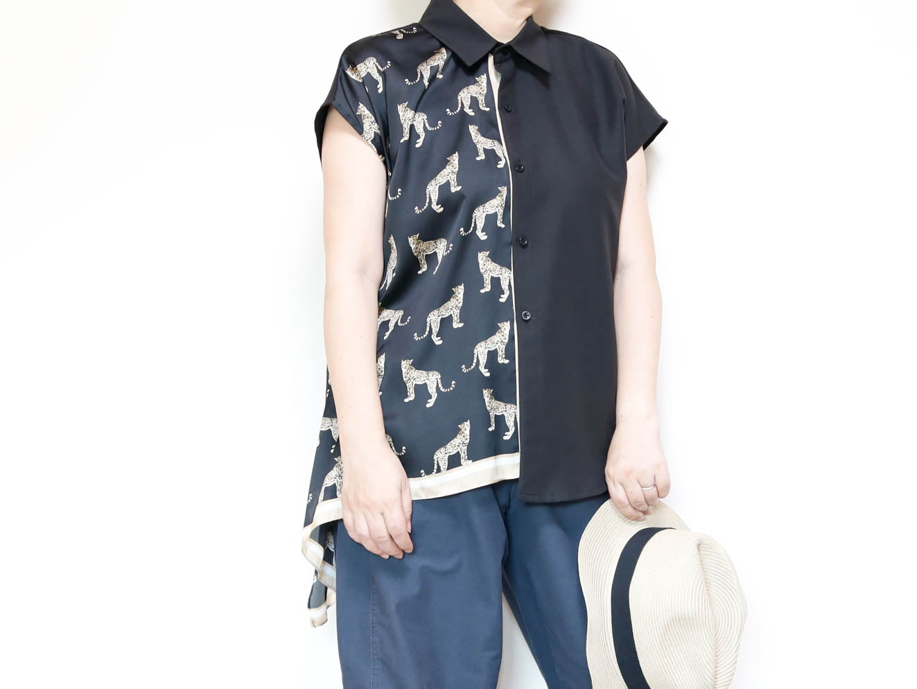<T34-010>   One-of-a-Kind Asymmetric Sleeveless Blouse | Equestrian Scarf Panel | Silky Sheen, Slimming Fit