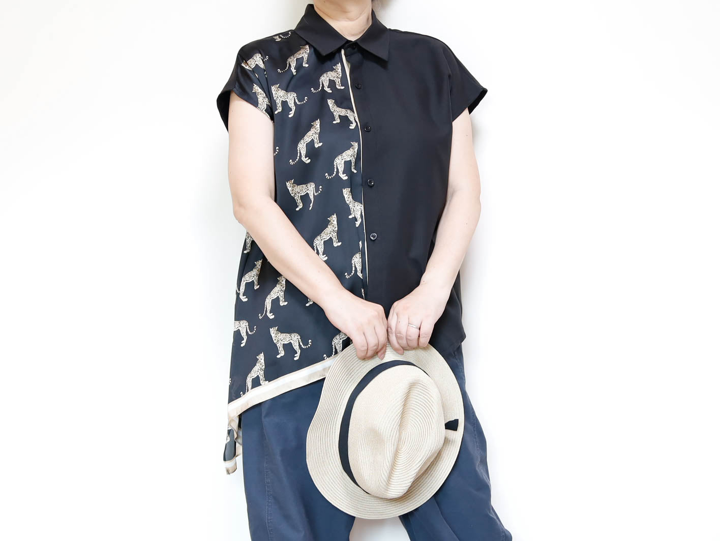 <T34-010>   One-of-a-Kind Asymmetric Sleeveless Blouse | Equestrian Scarf Panel | Silky Sheen, Slimming Fit