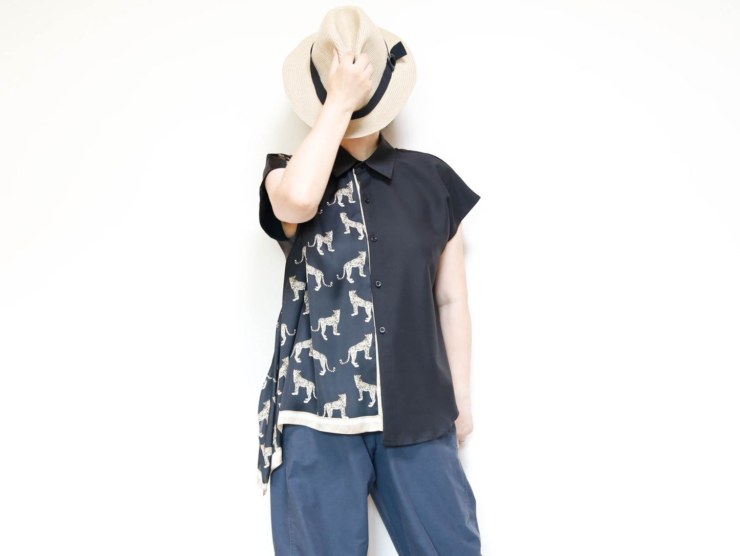 <T34-010>   One-of-a-Kind Asymmetric Sleeveless Blouse | Equestrian Scarf Panel | Silky Sheen, Slimming Fit