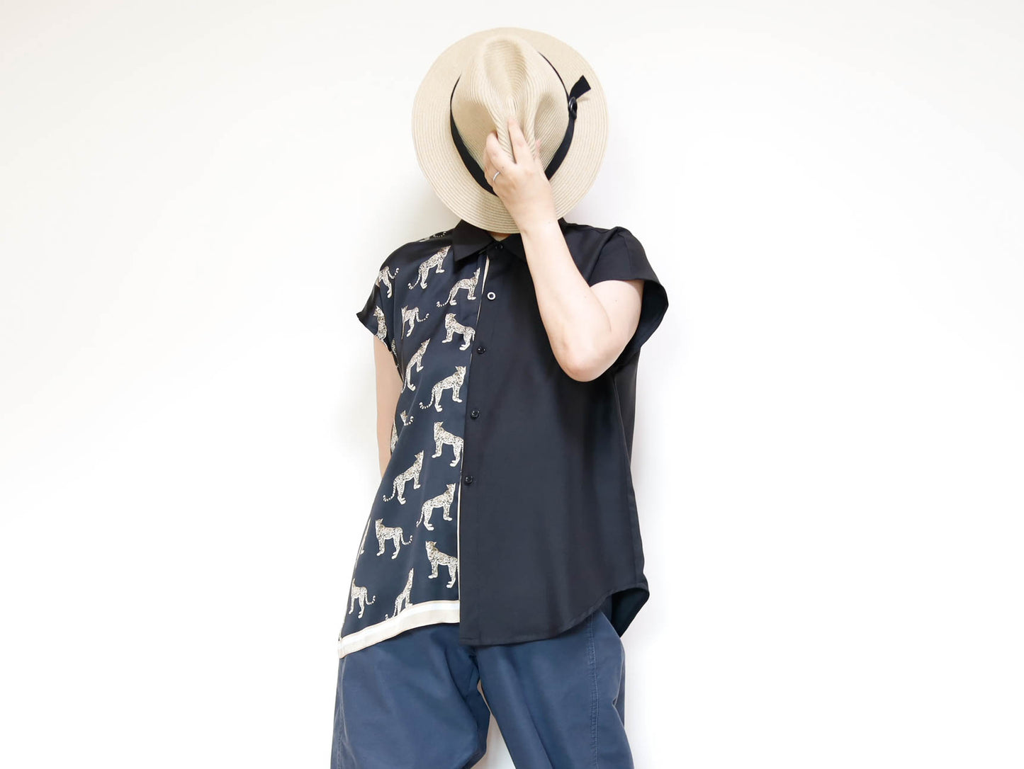<T34-010>   One-of-a-Kind Asymmetric Sleeveless Blouse | Equestrian Scarf Panel | Silky Sheen, Slimming Fit