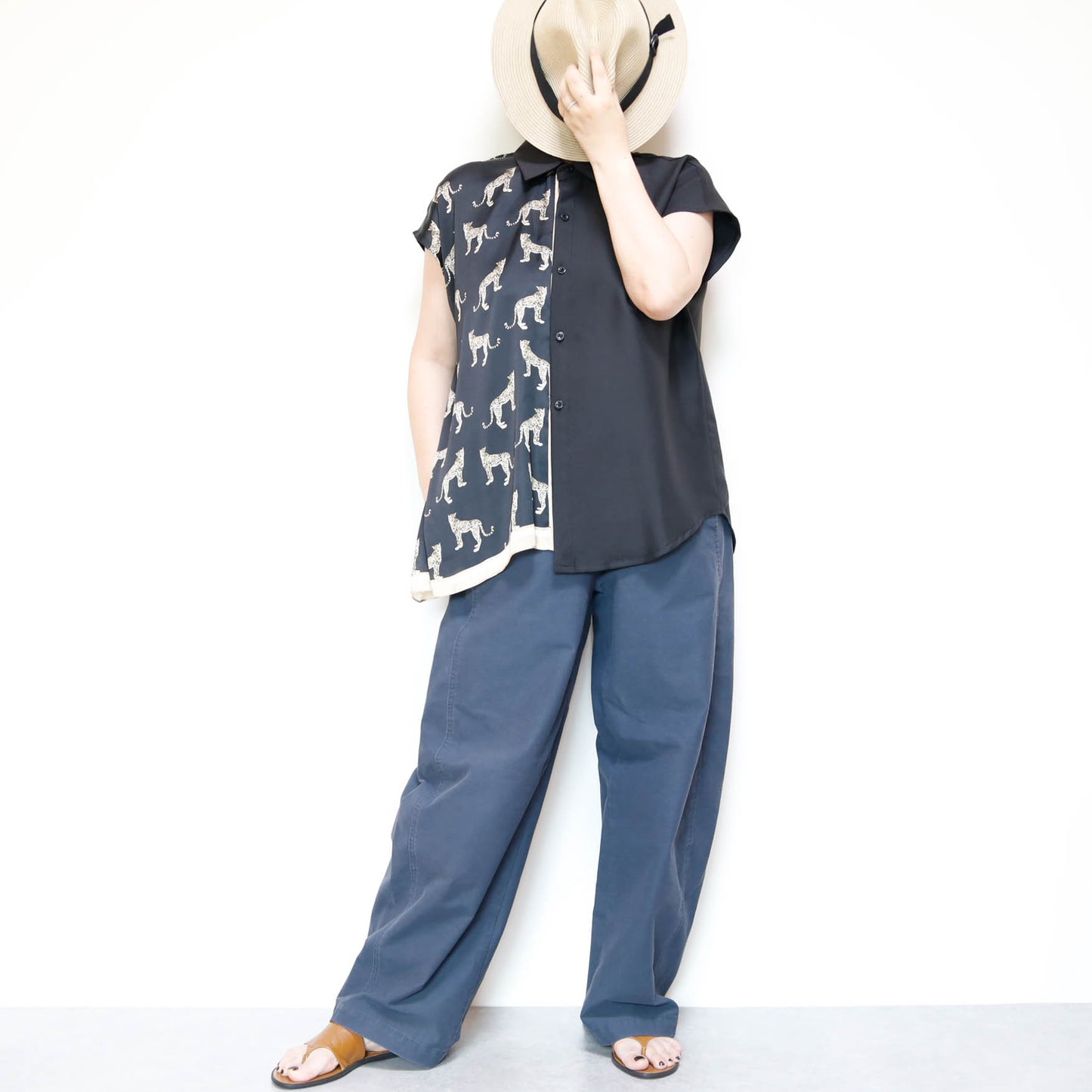 <T34-010>   One-of-a-Kind Asymmetric Sleeveless Blouse | Equestrian Scarf Panel | Silky Sheen, Slimming Fit