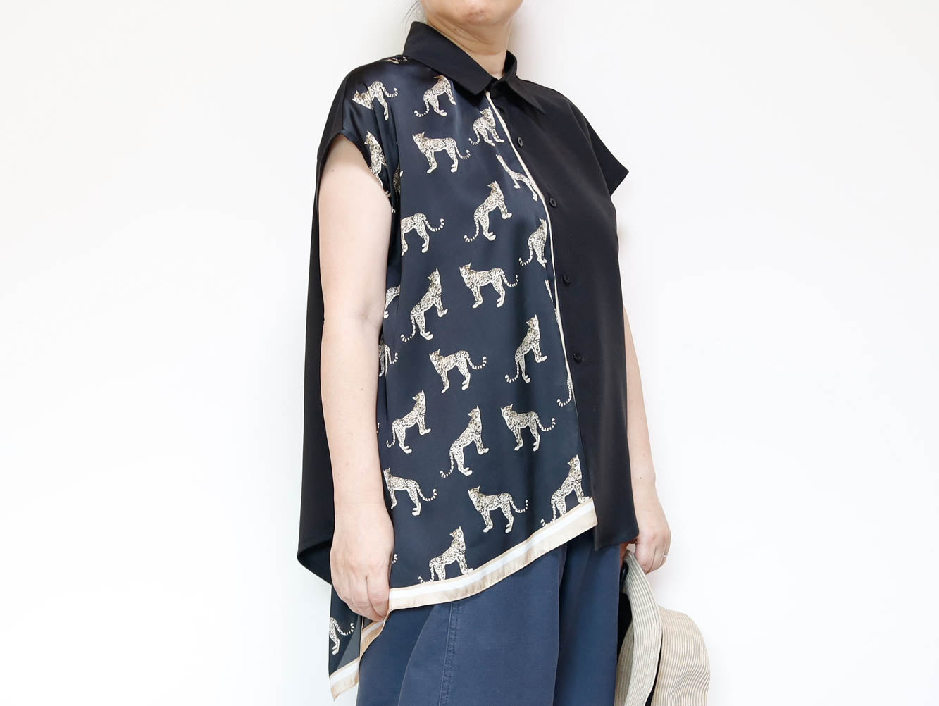 <T34-010>   One-of-a-Kind Asymmetric Sleeveless Blouse | Equestrian Scarf Panel | Silky Sheen, Slimming Fit