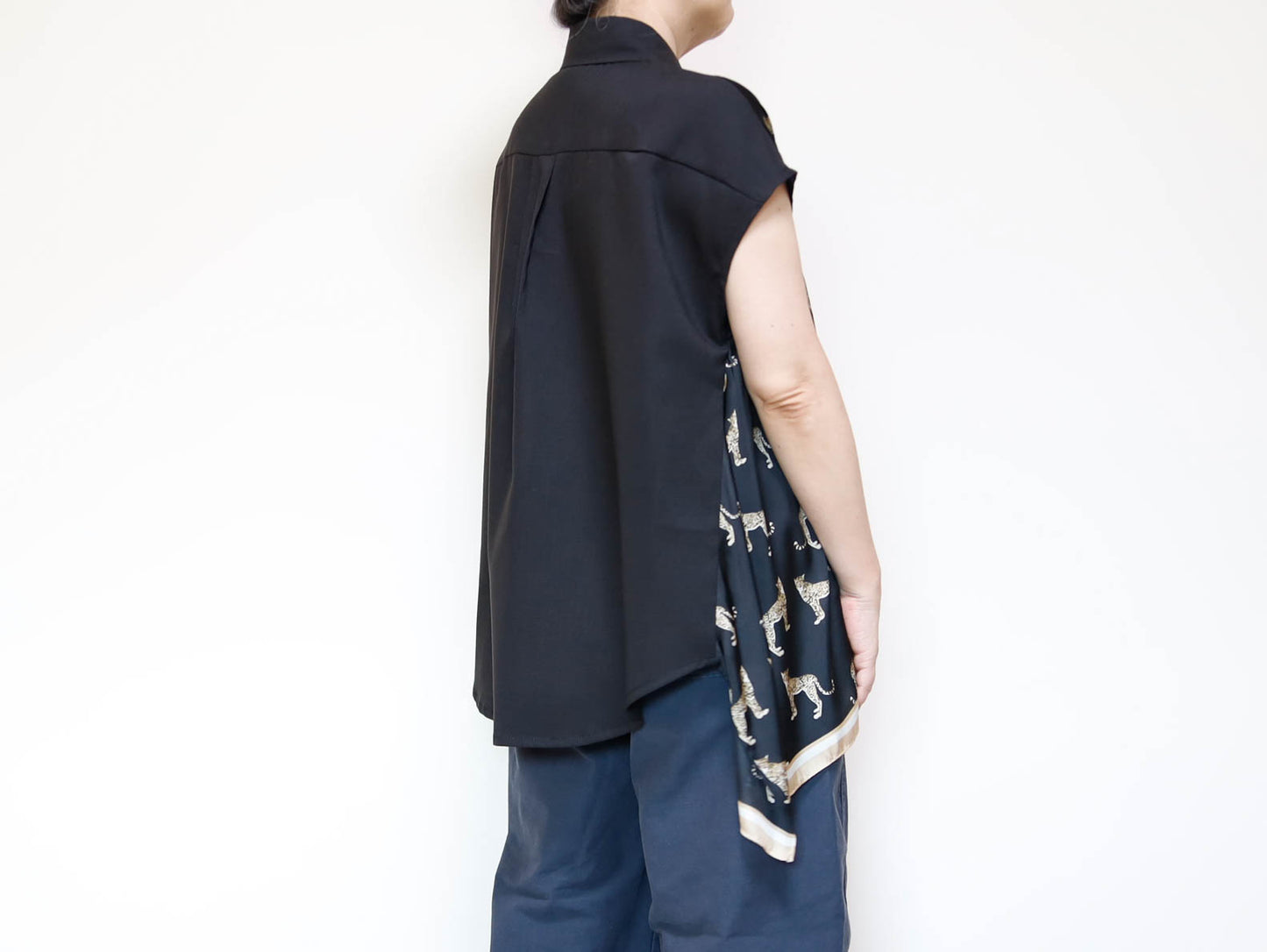 <T34-010>   One-of-a-Kind Asymmetric Sleeveless Blouse | Equestrian Scarf Panel | Silky Sheen, Slimming Fit
