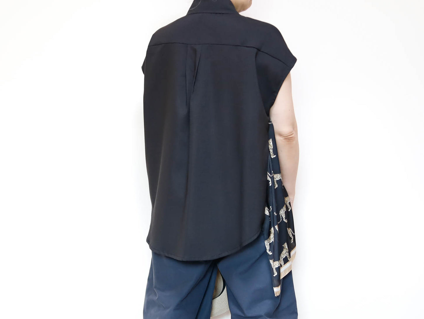 <T34-010>   One-of-a-Kind Asymmetric Sleeveless Blouse | Equestrian Scarf Panel | Silky Sheen, Slimming Fit