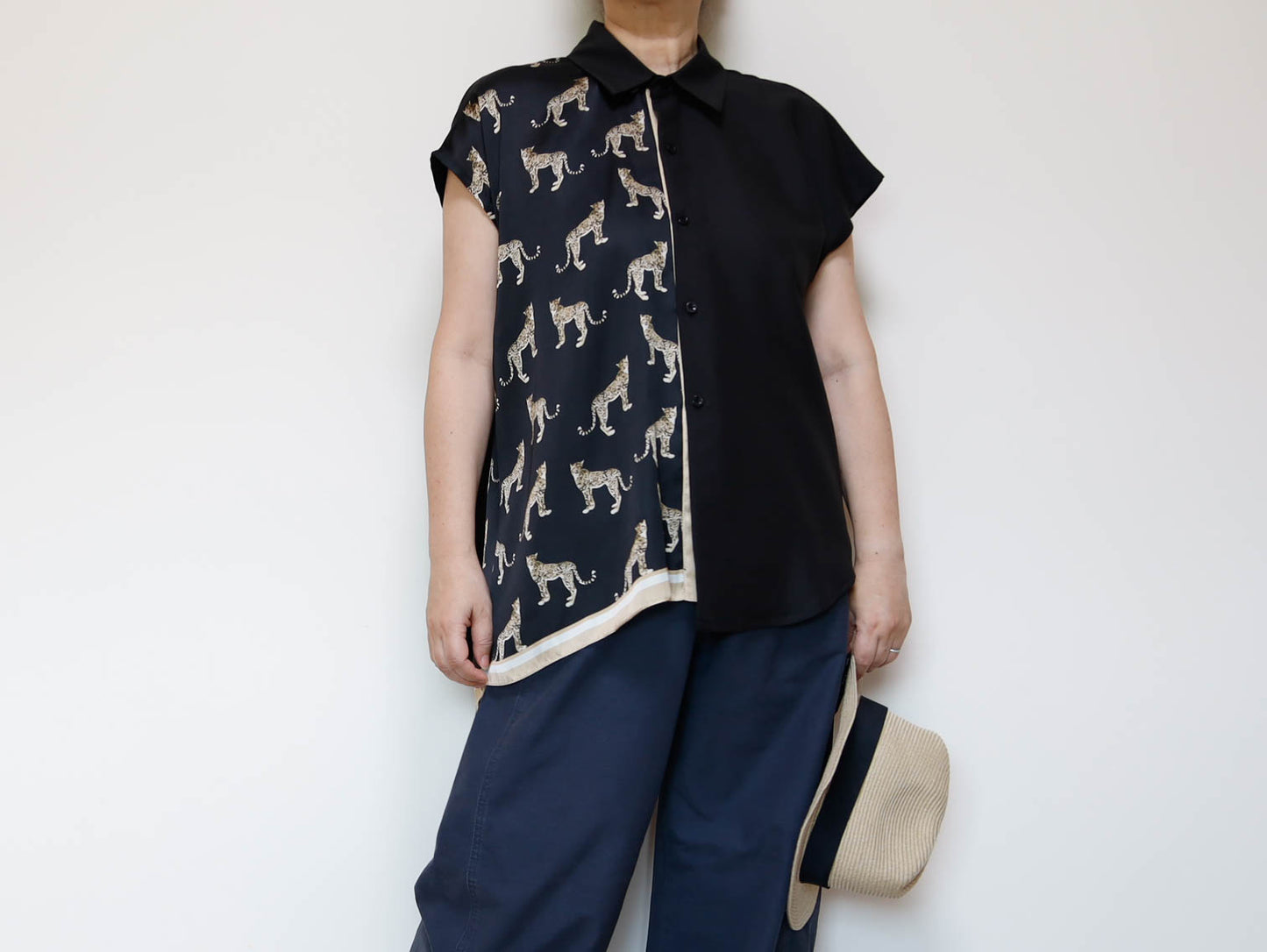 <T34-010>   One-of-a-Kind Asymmetric Sleeveless Blouse | Equestrian Scarf Panel | Silky Sheen, Slimming Fit