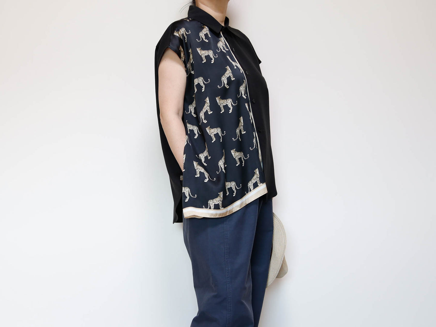 <T34-010>   One-of-a-Kind Asymmetric Sleeveless Blouse | Equestrian Scarf Panel | Silky Sheen, Slimming Fit