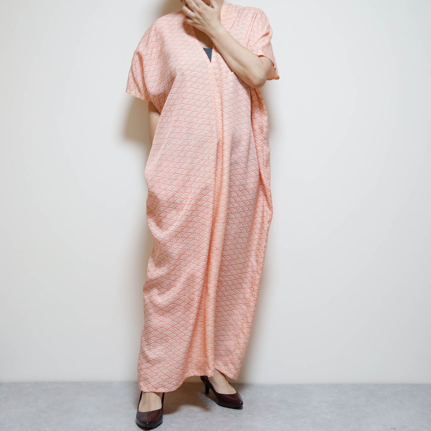 Vintage Kimono Square Dress | Coral Pink Seigaiha Wave Pattern | Silk Kaftan Maxi Dress