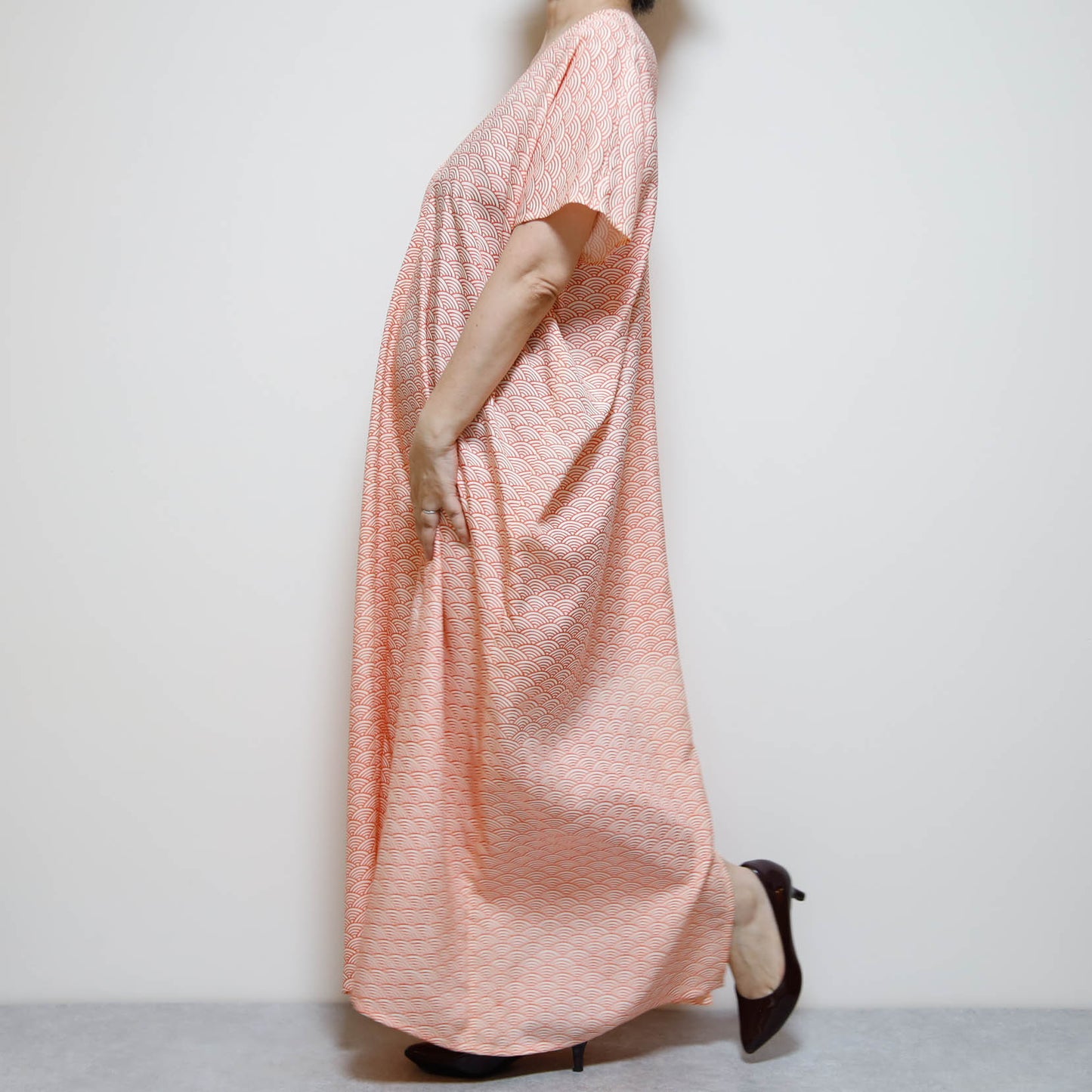 Vintage Kimono Square Dress | Coral Pink Seigaiha Wave Pattern | Silk Kaftan Maxi Dress