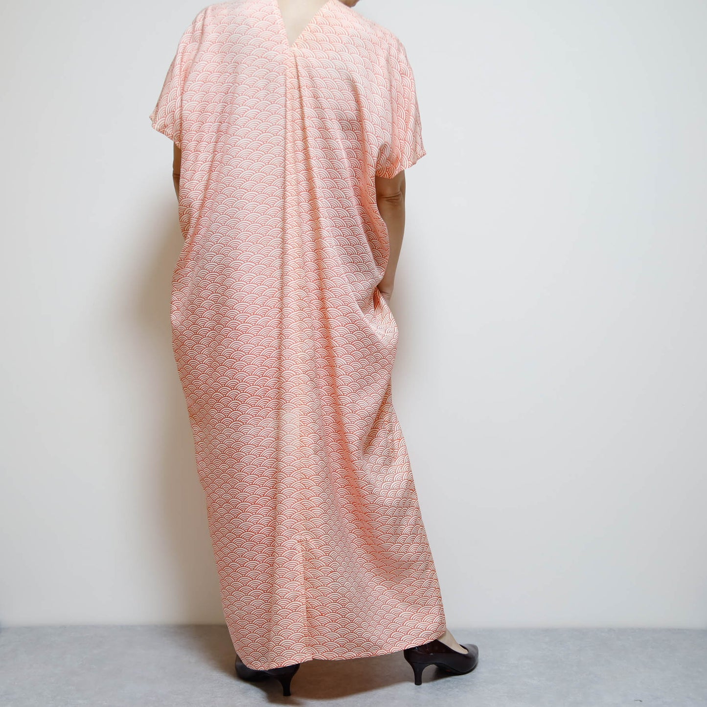 Vintage Kimono Square Dress | Coral Pink Seigaiha Wave Pattern | Silk Kaftan Maxi Dress