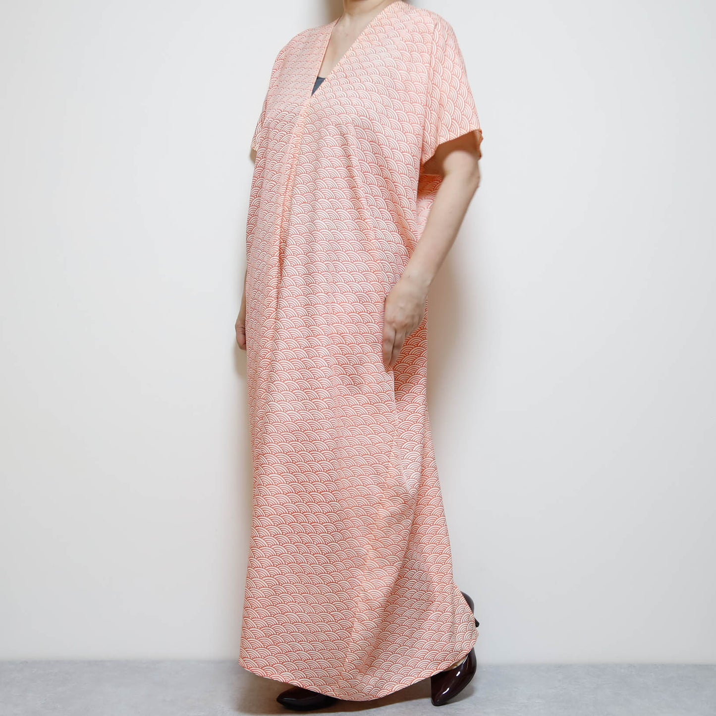 Vintage Kimono Square Dress | Coral Pink Seigaiha Wave Pattern | Silk Kaftan Maxi Dress