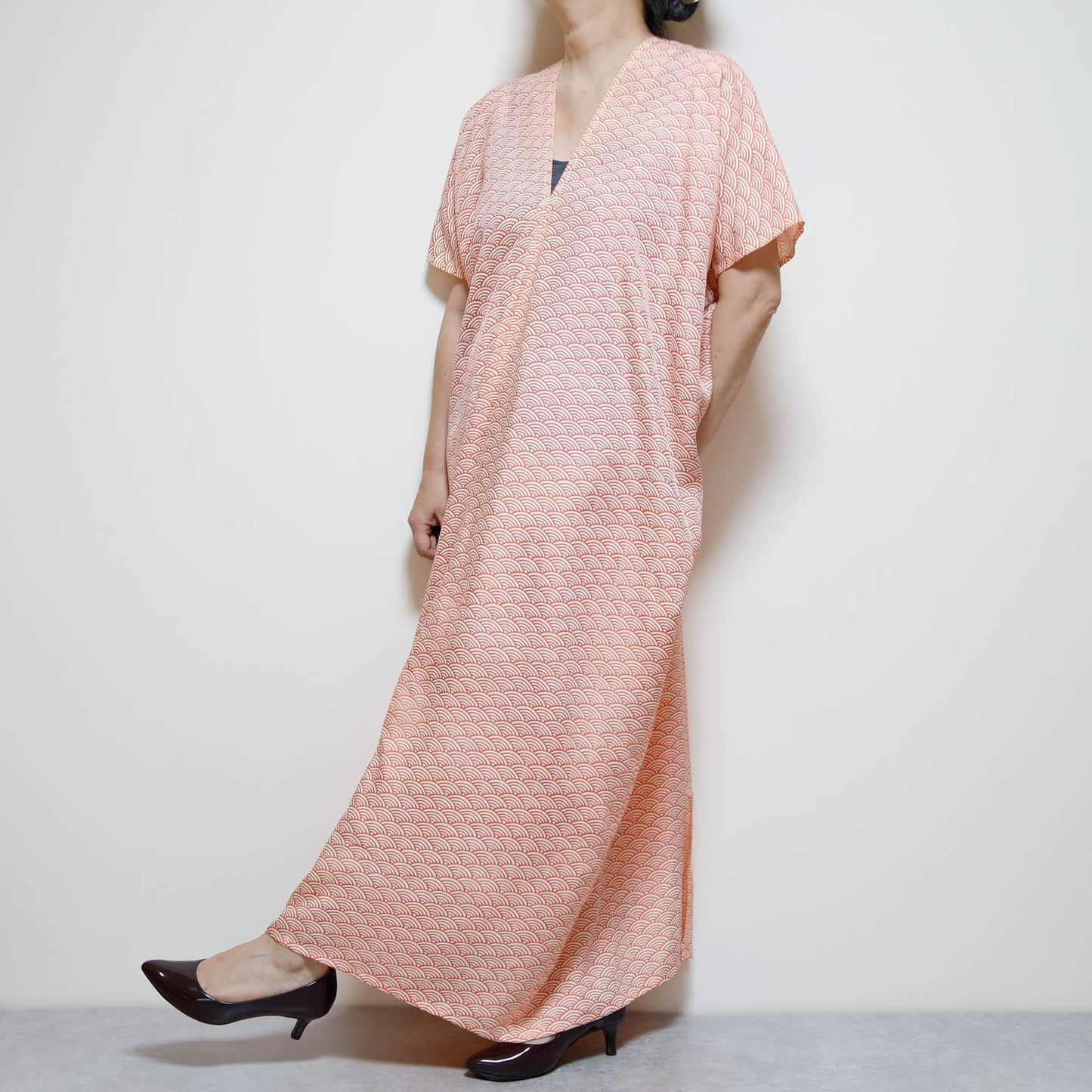 Vintage Kimono Square Dress | Coral Pink Seigaiha Wave Pattern | Silk Kaftan Maxi Dress